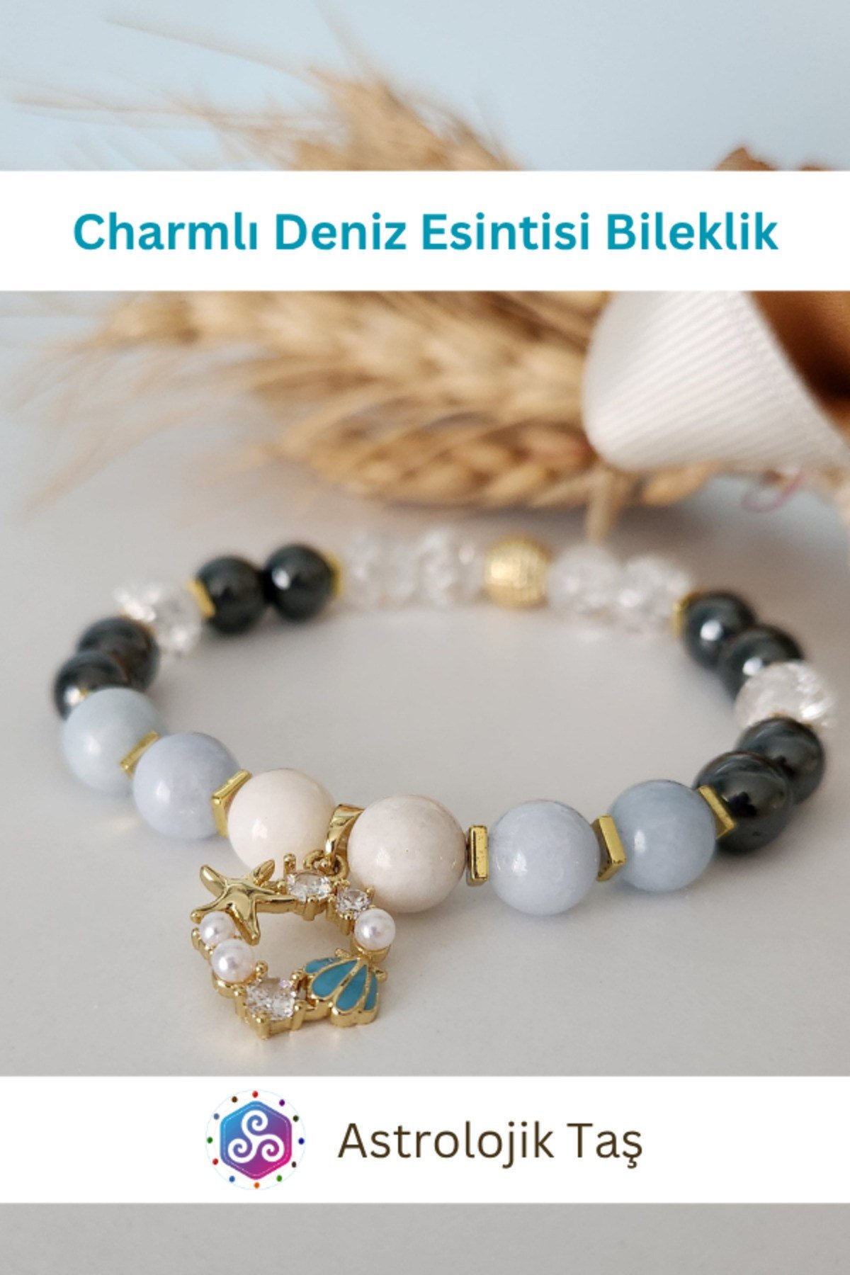 Charmlı Deniz Esintisi Doğal Taş Bileklik- Sertifikalı - Akuamarin, Necef Taşı & Ay Taşı