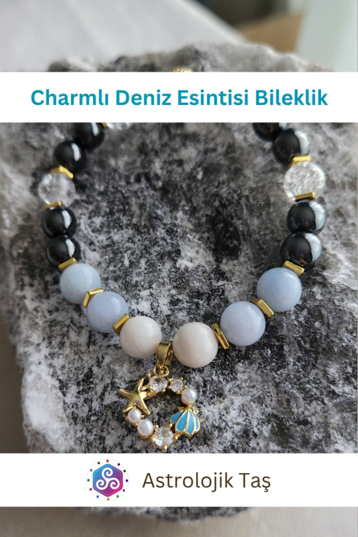 Charmlı Deniz Esintisi Doğal Taş Bileklik- Sertifikalı - Akuamarin, Necef Taşı & Ay Taşı