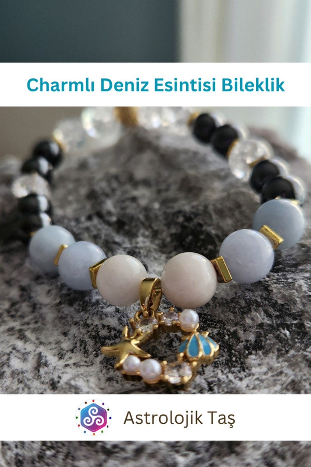 Charmlı Deniz Esintisi Doğal Taş Bileklik- Sertifikalı - Akuamarin, Necef Taşı & Ay Taşı
