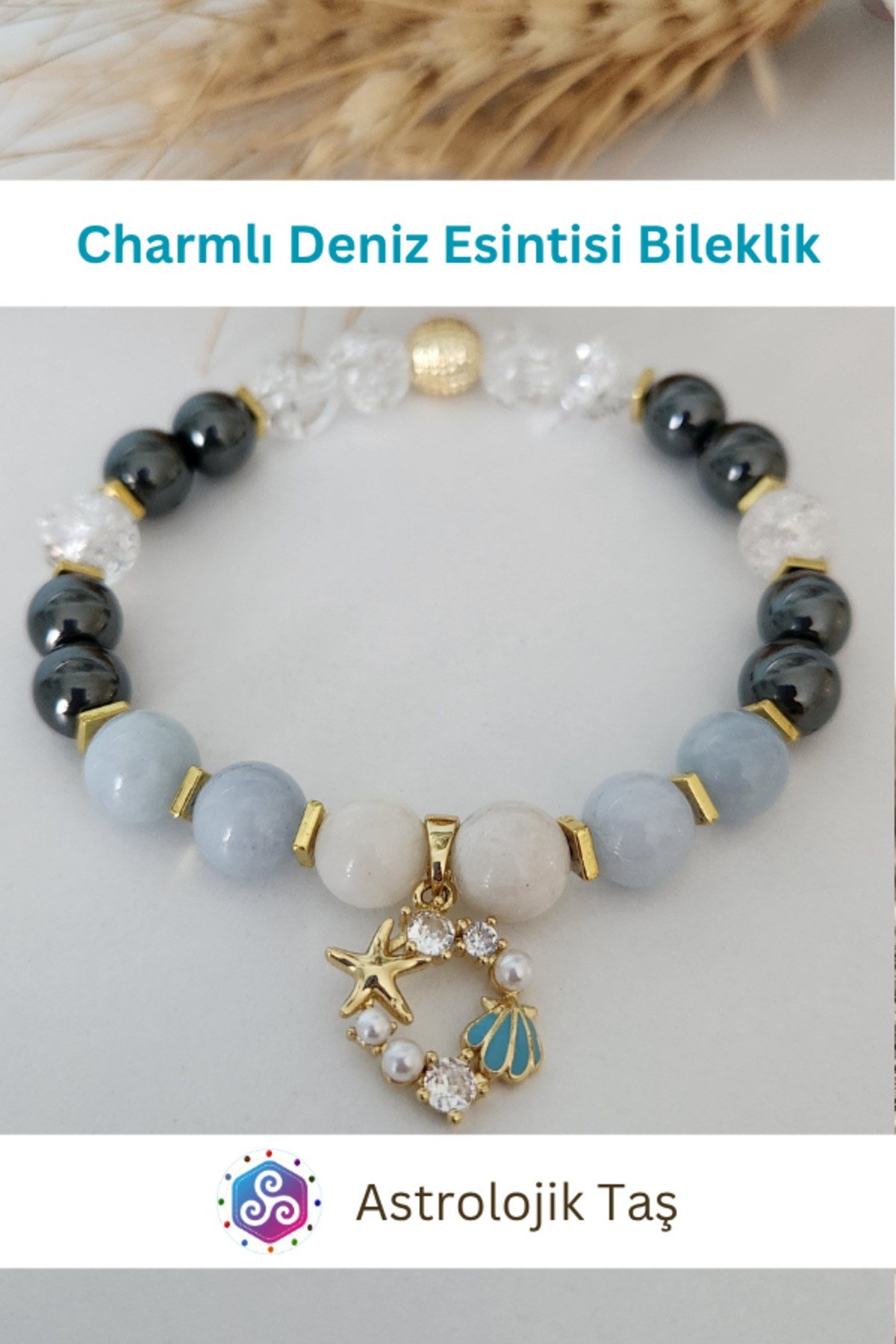 Charmlı Deniz Esintisi Doğal Taş Bileklik- Sertifikalı - Akuamarin, Necef Taşı & Ay Taşı