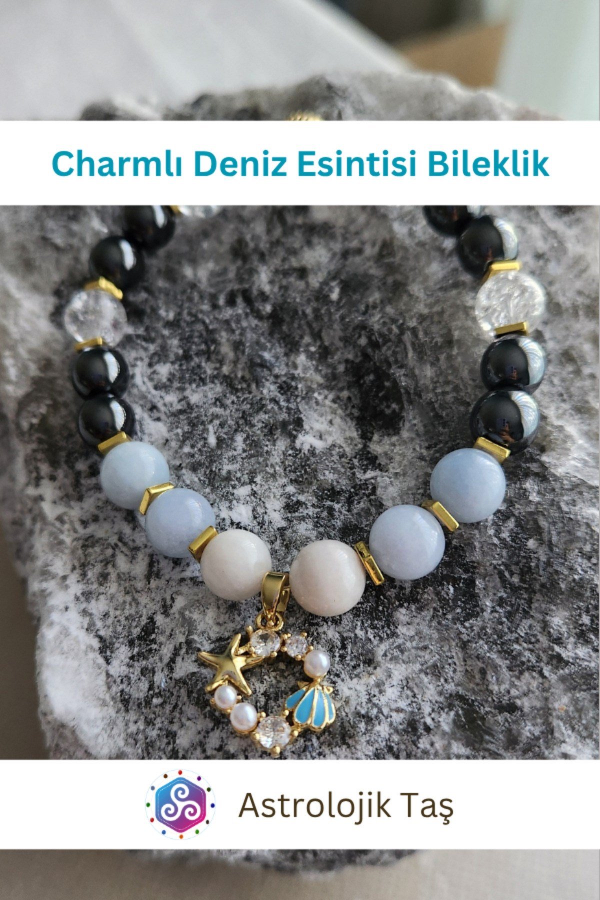 Charmlı Deniz Esintisi Doğal Taş Bileklik- Sertifikalı - Akuamarin, Necef Taşı & Ay Taşı