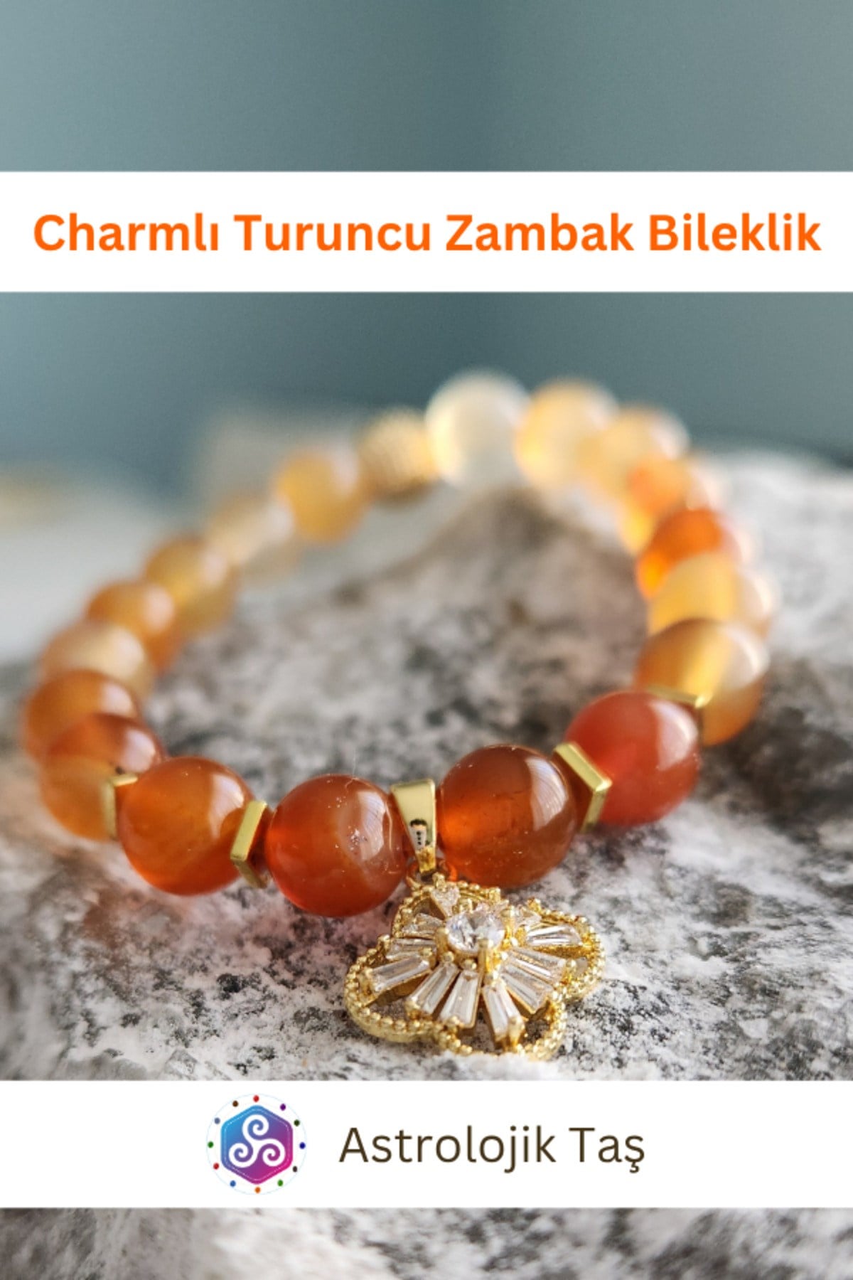 Charmlı Turuncu Zambak Doğal Taş Bileklik - Sertifikalı - Turuncu Akik & Hematit
