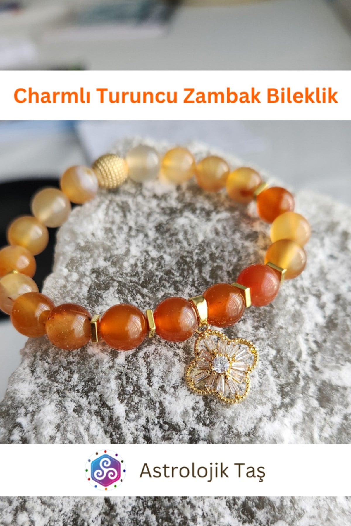 Charmlı Turuncu Zambak Doğal Taş Bileklik - Sertifikalı - Turuncu Akik & Hematit