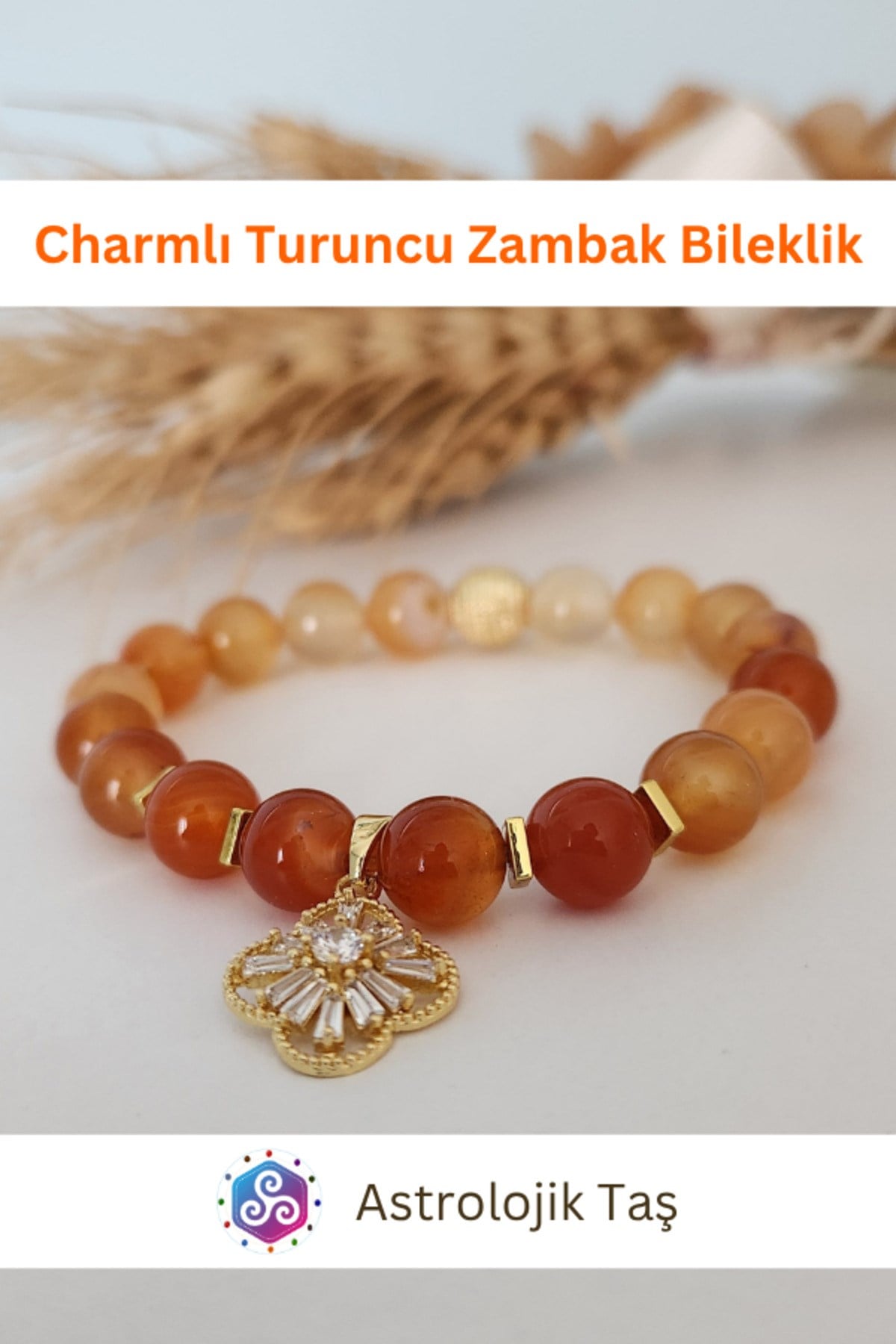 Charmlı Turuncu Zambak Doğal Taş Bileklik - Sertifikalı - Turuncu Akik & Hematit