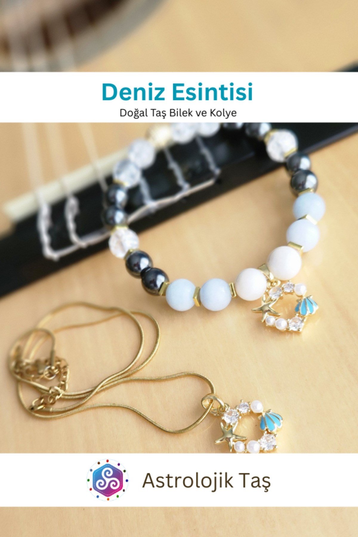 Deniz Esintisi Doğal Taş Bileklik ve Charm Kolye Takımı - Akuamarin- Necef Taşı & Ay Taşı