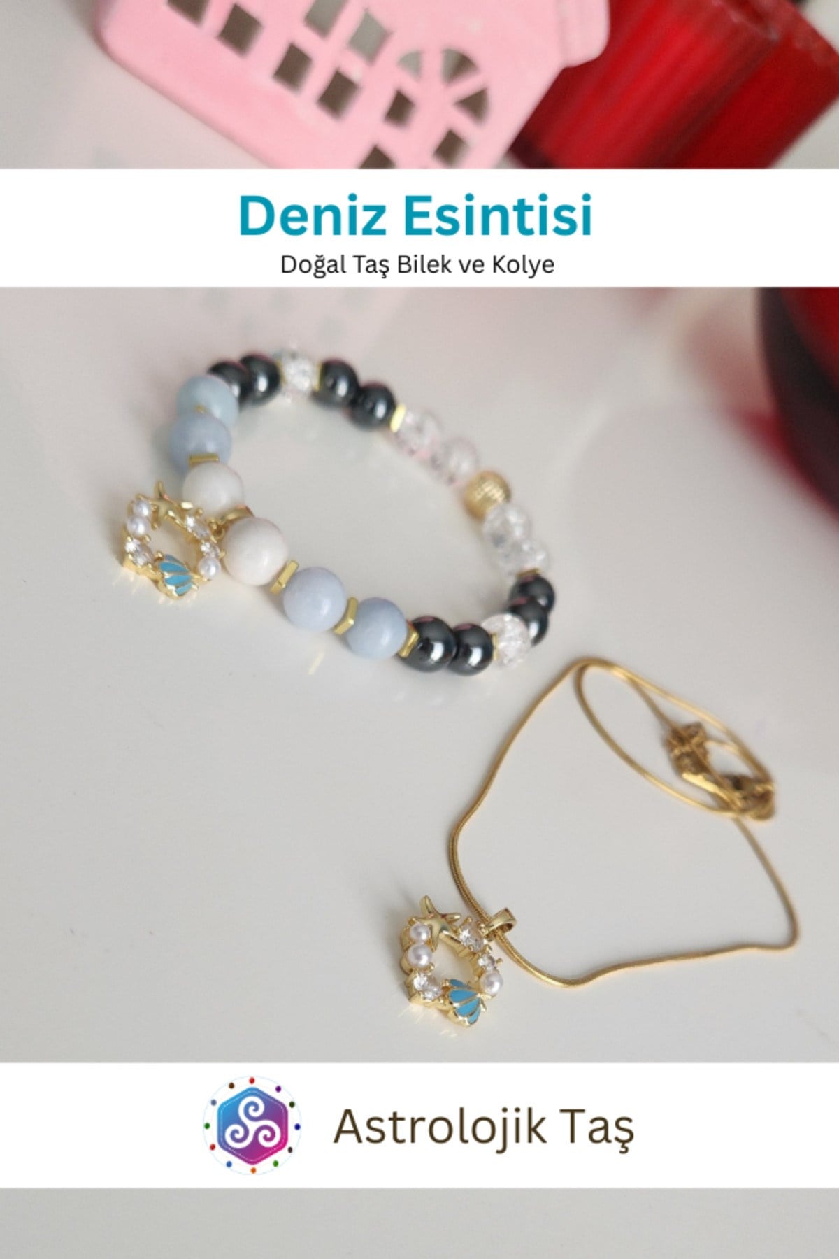 Deniz Esintisi Doğal Taş Bileklik ve Charm Kolye Takımı - Akuamarin- Necef Taşı & Ay Taşı