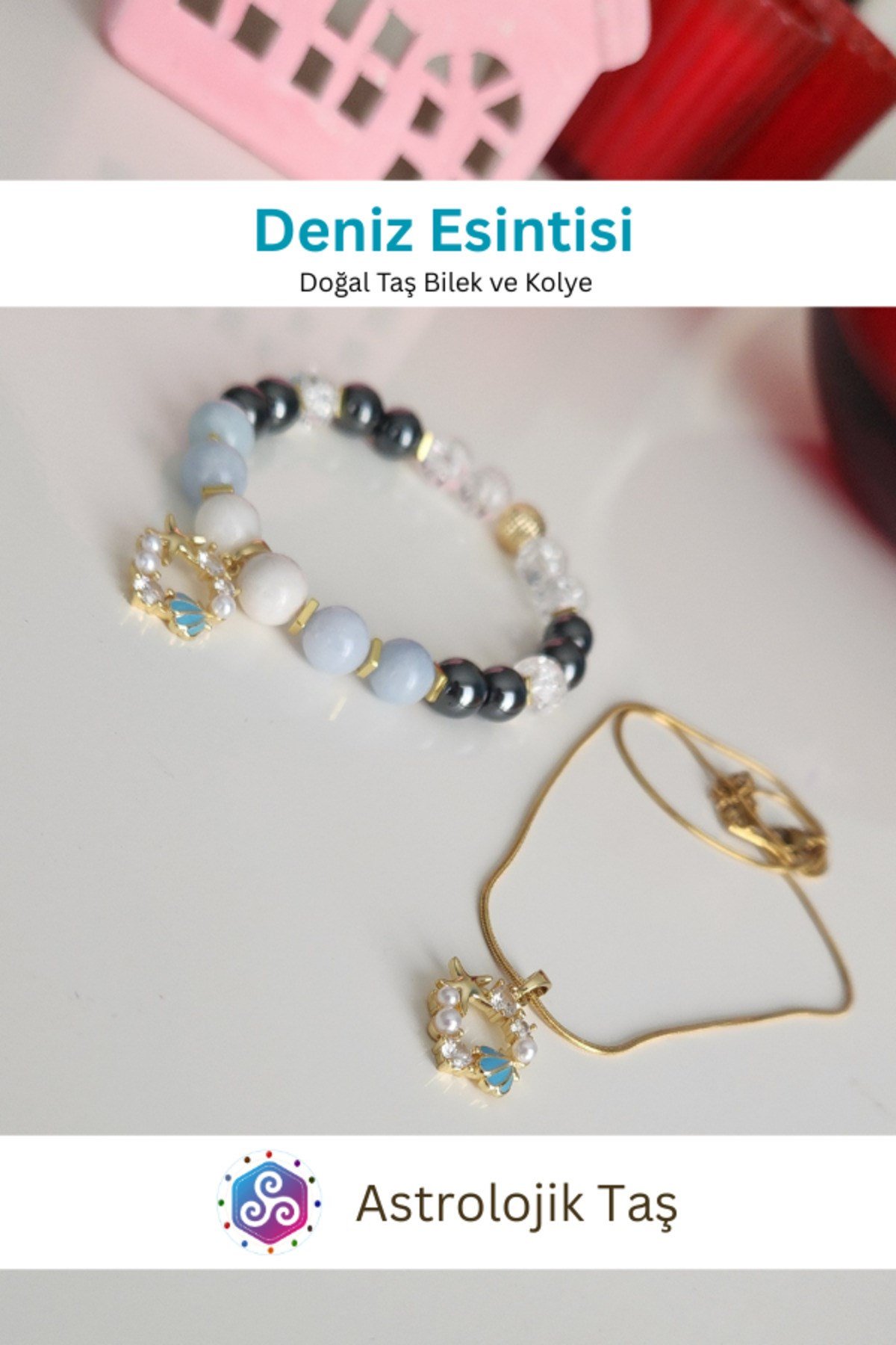 Deniz Esintisi Doğal Taş Bileklik ve Charm Kolye Takımı - Akuamarin- Necef Taşı & Ay Taşı