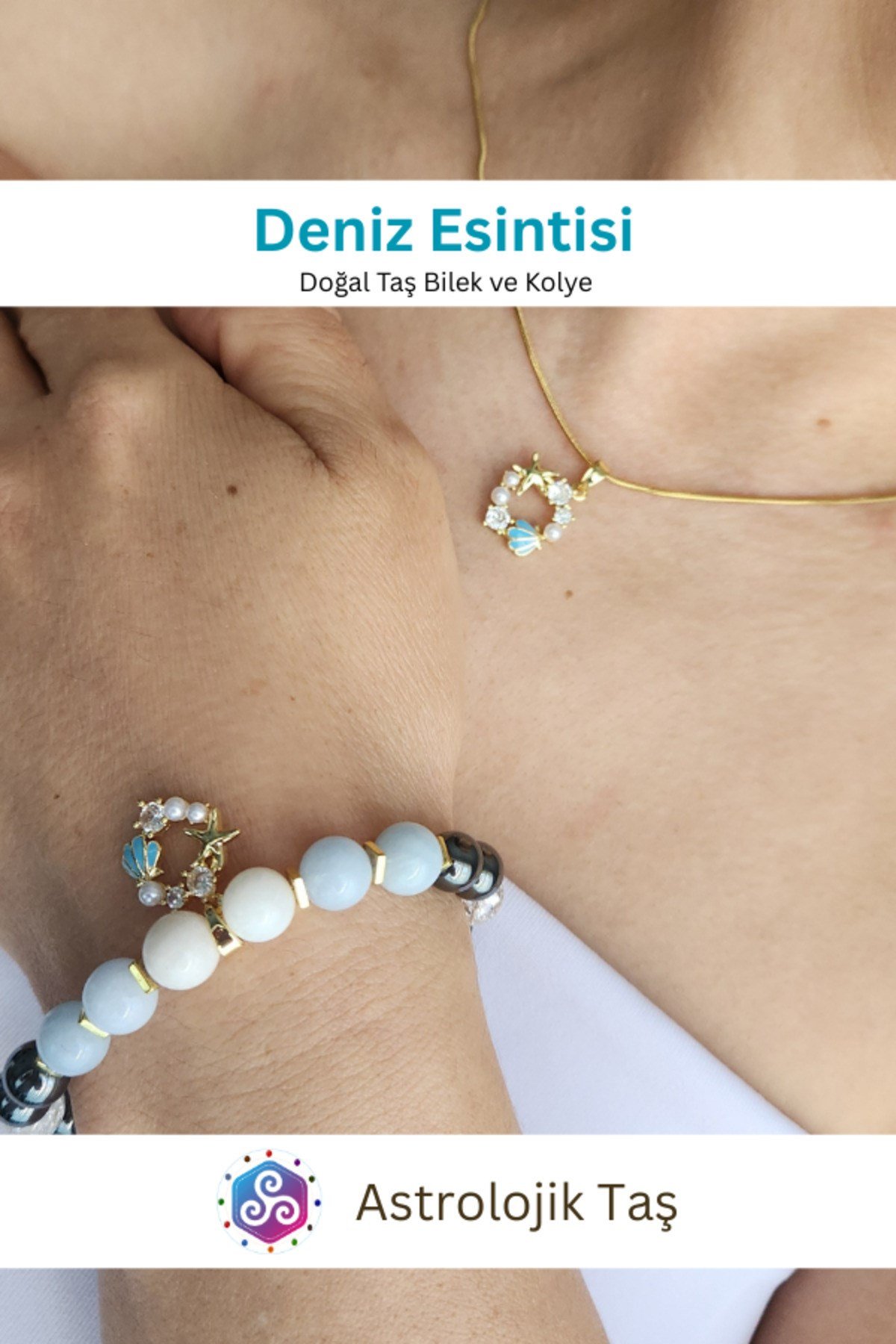 Deniz Esintisi Doğal Taş Bileklik ve Charm Kolye Takımı - Akuamarin- Necef Taşı & Ay Taşı