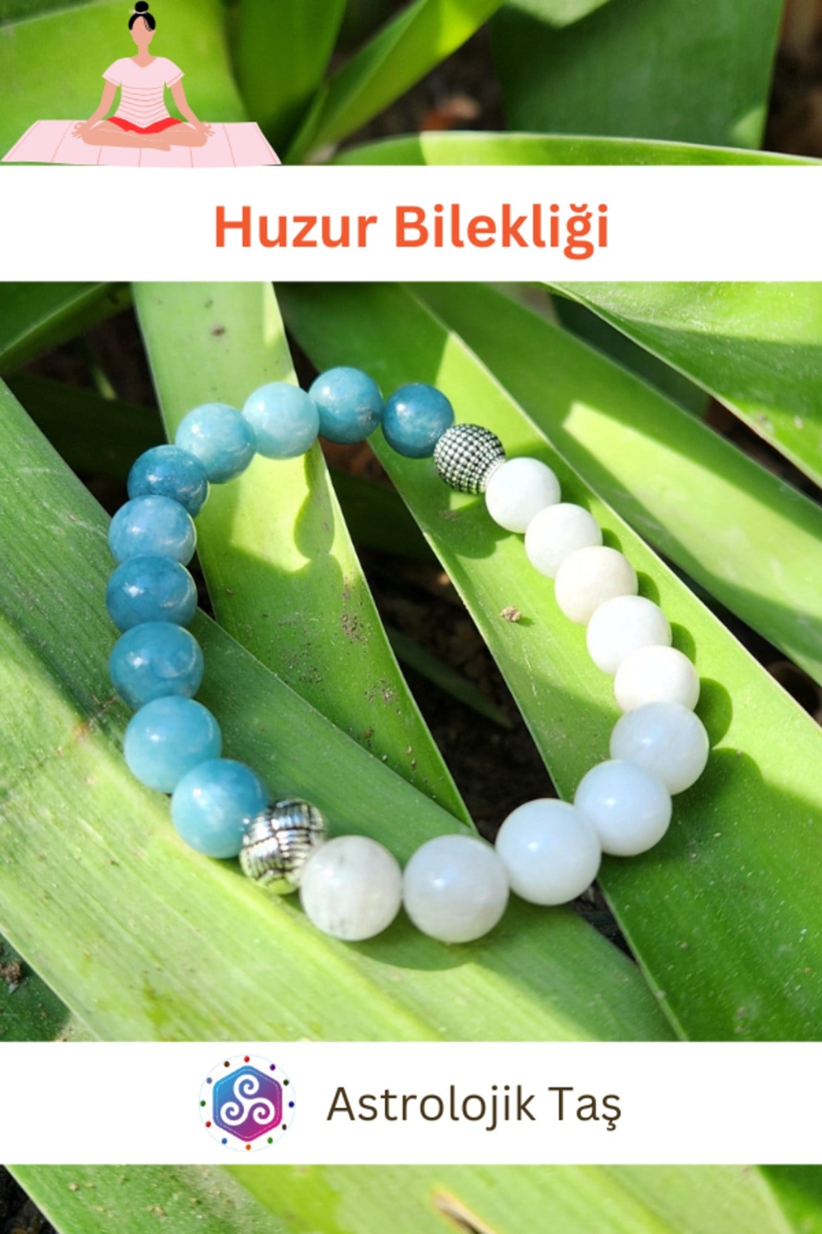 Doğal Taş Huzur Bilekliği, Sertifikalı Ay Taşı Ve Akuamarin Taşı