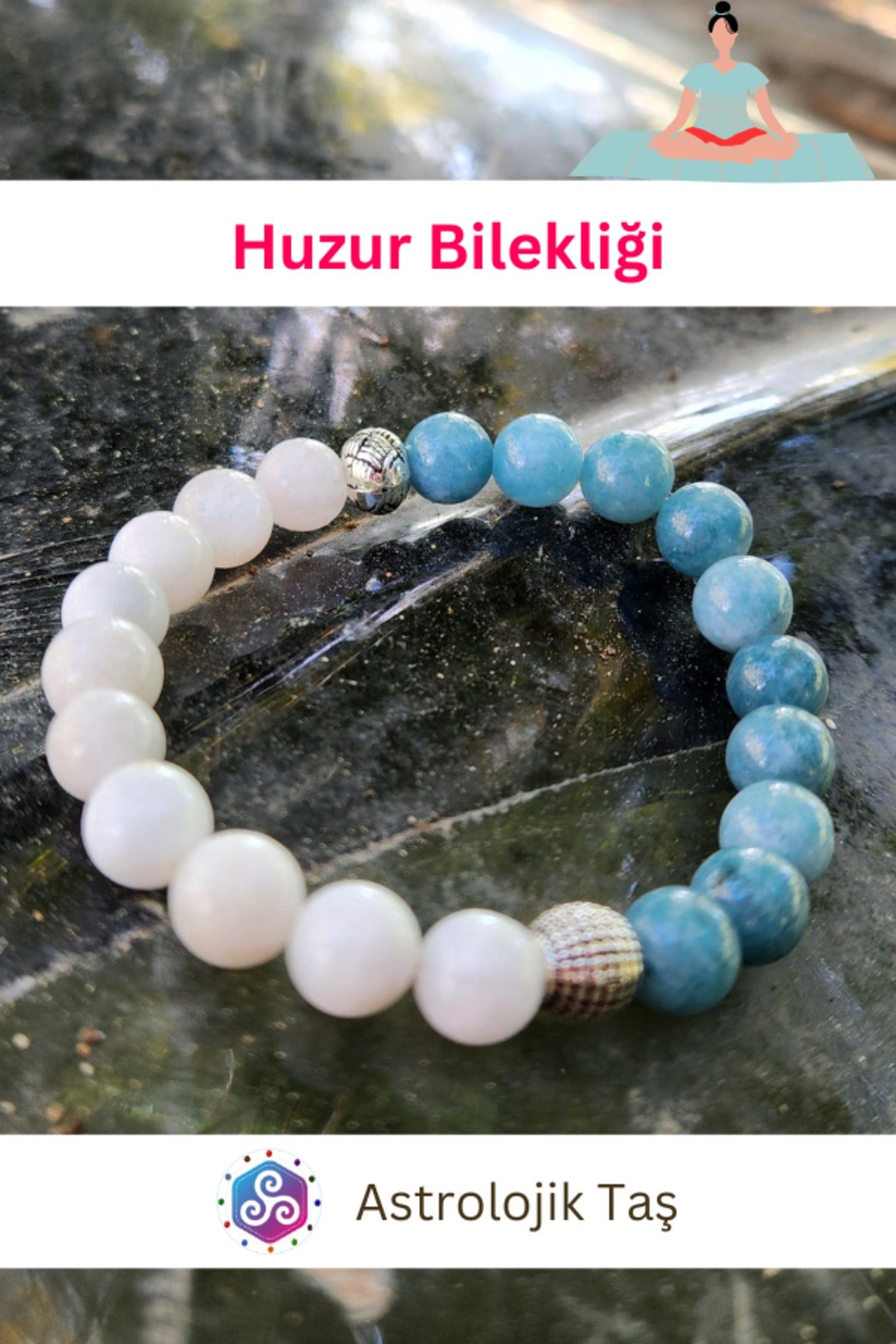 Doğal Taş Huzur Bilekliği, Sertifikalı Ay Taşı Ve Akuamarin Taşı