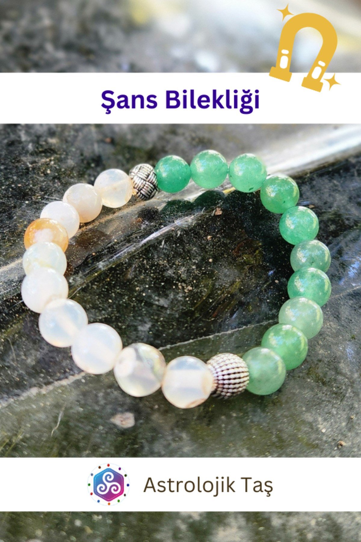 Doğal Taş Şans Bilekliği - Sertifikalı Beyaz Akik & Aventurin Taşı