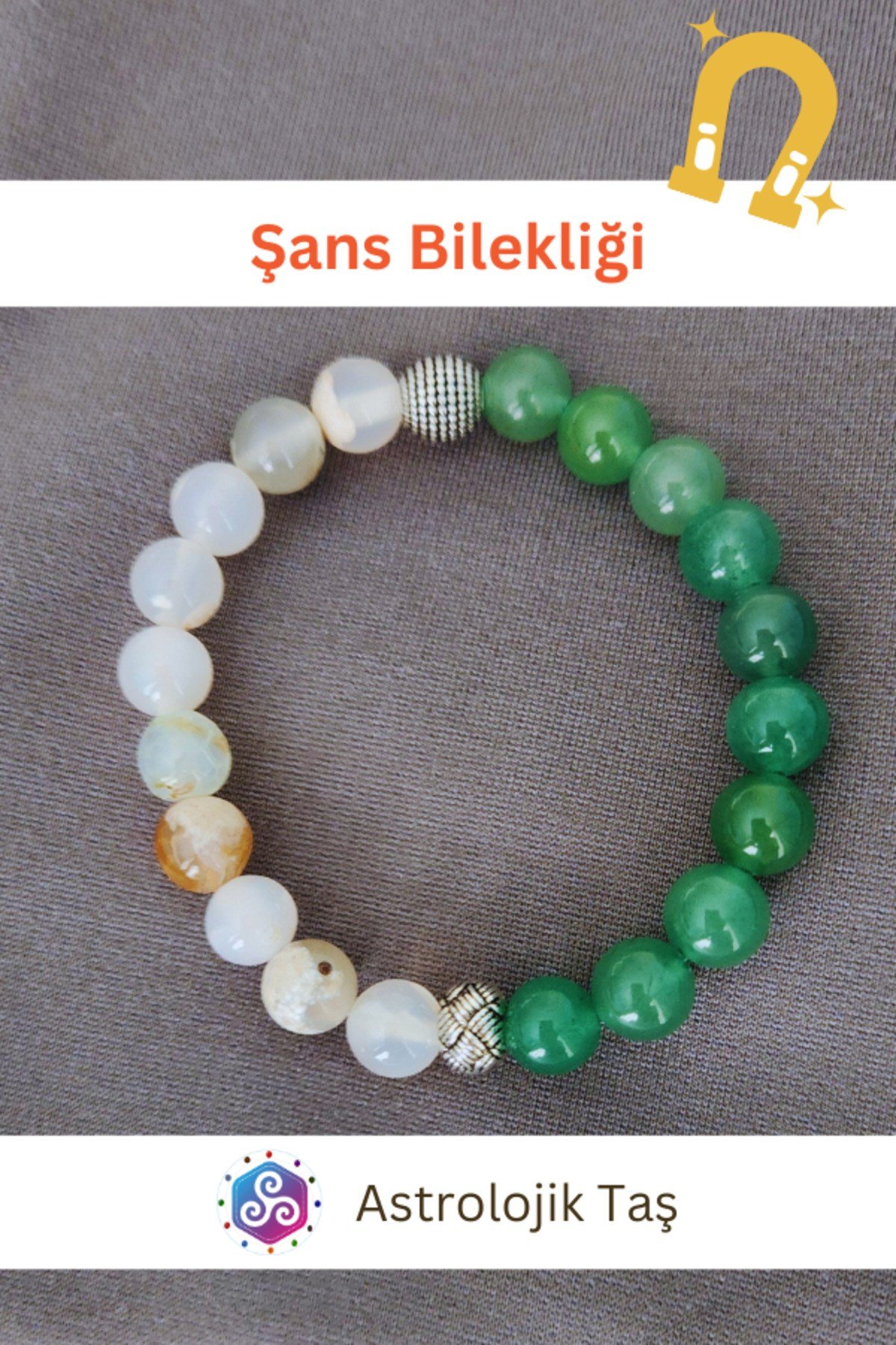 Doğal Taş Şans Bilekliği - Sertifikalı Beyaz Akik & Aventurin Taşı