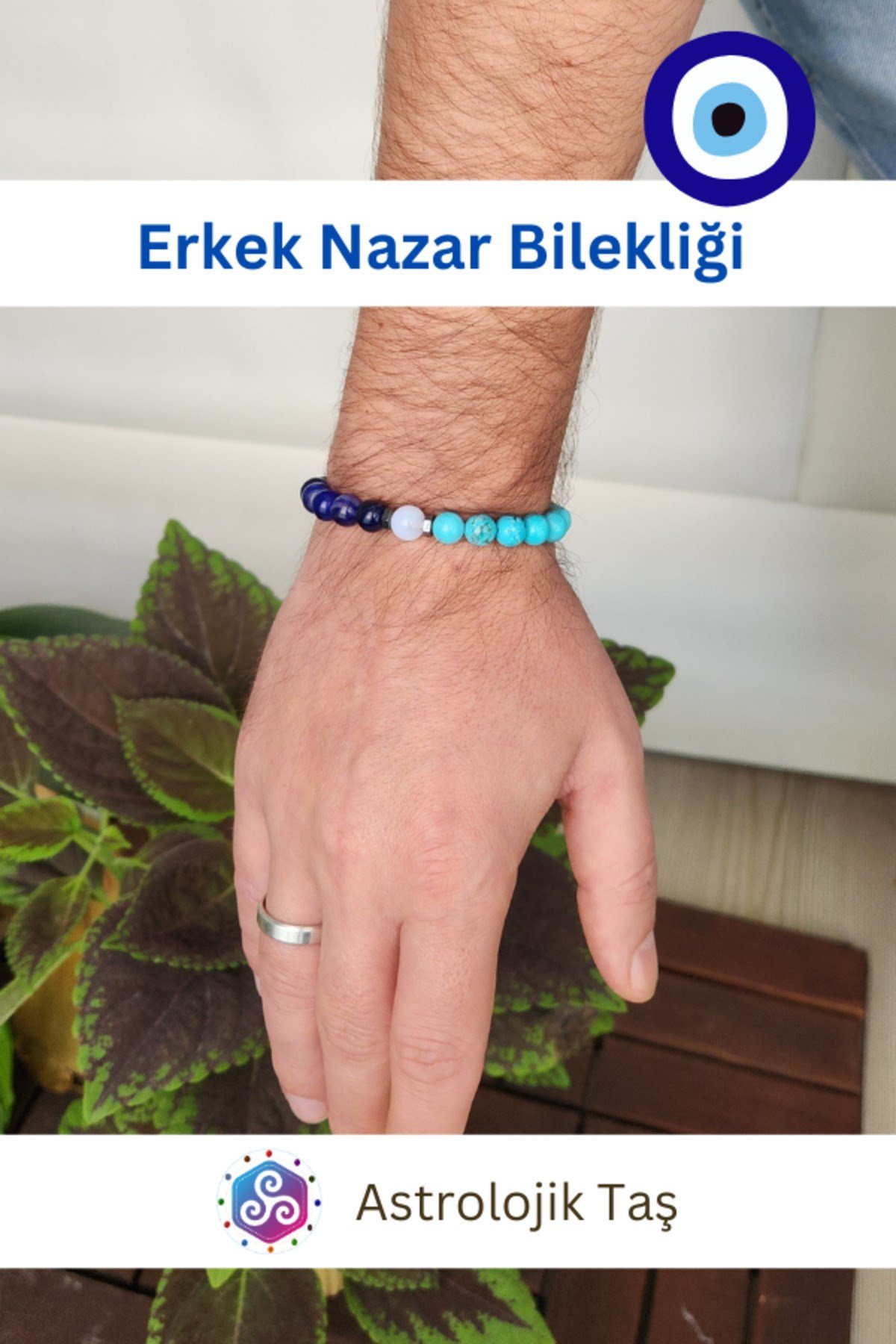 Erkek Nazar Bilekliği Turkuaz Firuze | Kalsedon ve Mavi Akik (Sertifikalı)
