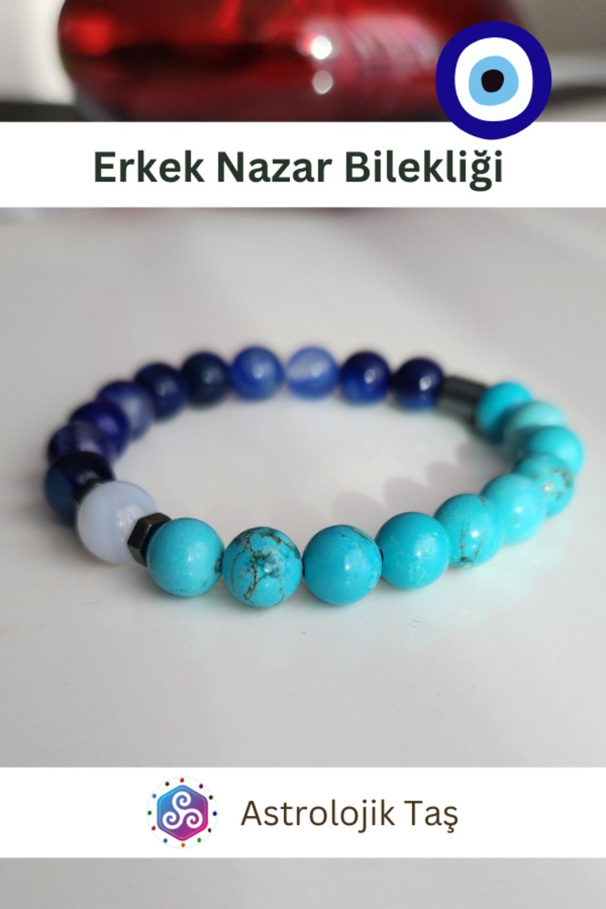 Erkek Nazar Bilekliği Turkuaz Firuze | Kalsedon ve Mavi Akik (Sertifikalı)