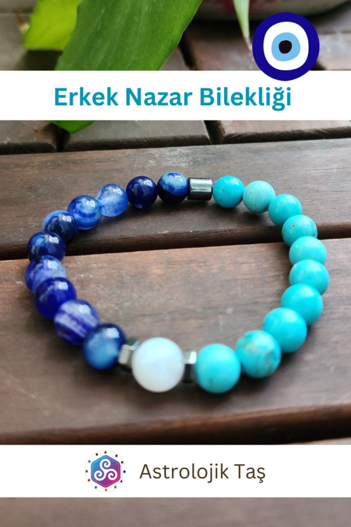 Erkek Nazar Bilekliği Turkuaz Firuze | Kalsedon ve Mavi Akik (Sertifikalı)