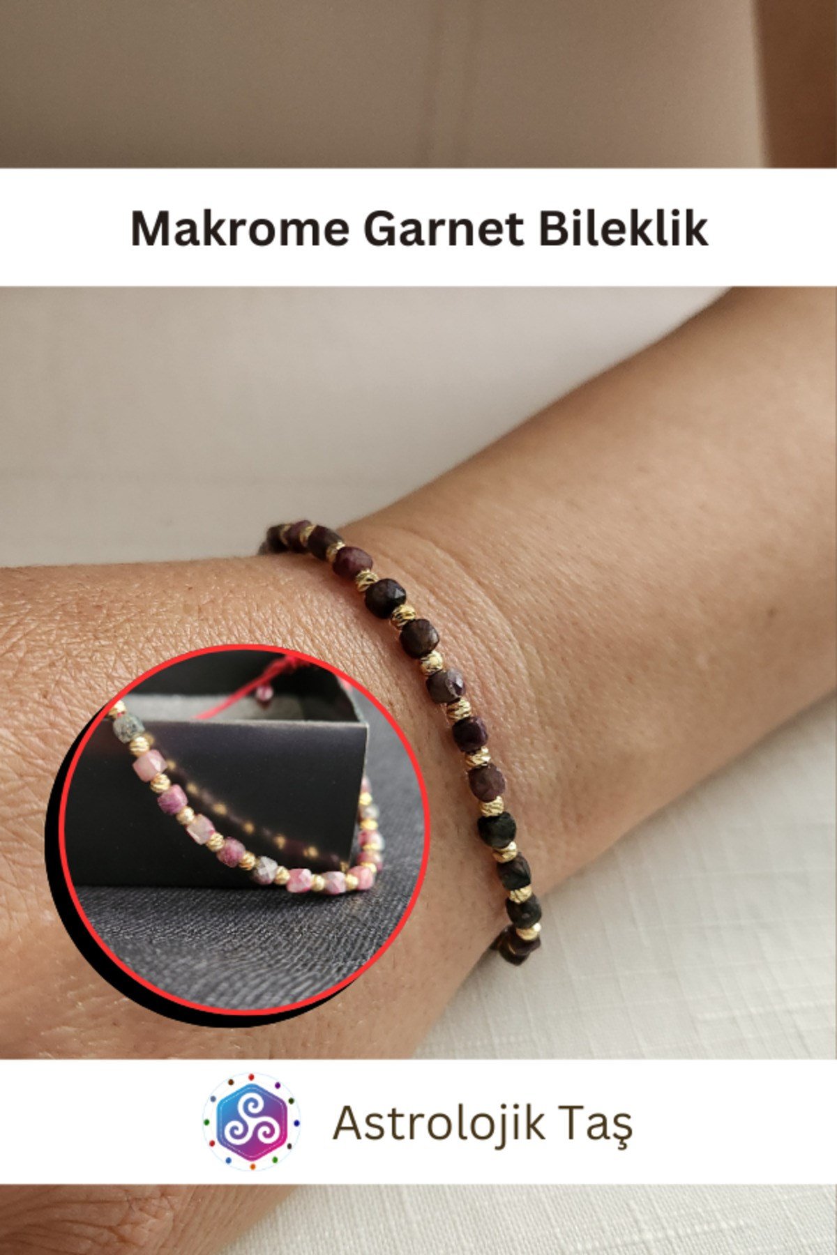 Garnet Doğal Taş Faset Küp Kesim 4mm Makrome Bileklik - Garnet Taşı