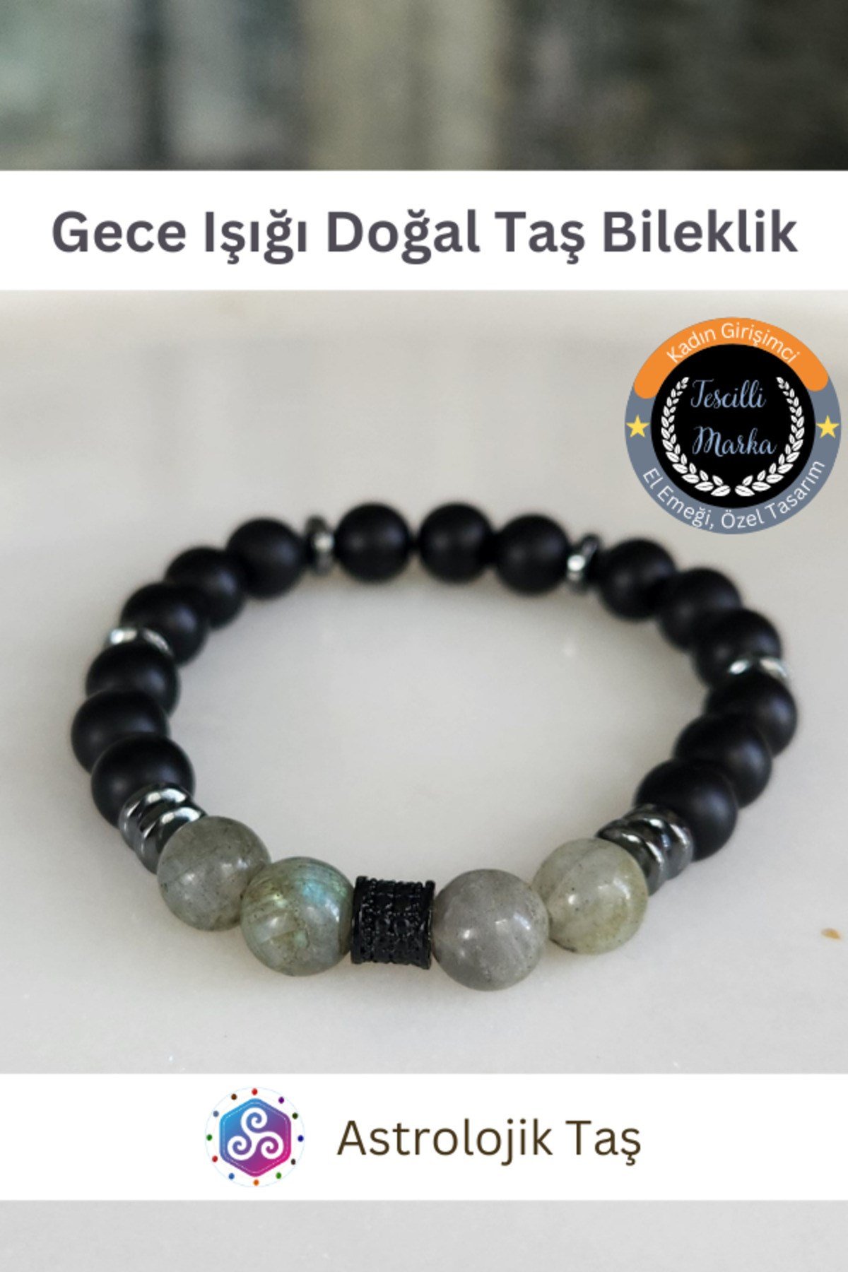 Gece Işığı Doğal Taş Bileklik - Sertifikalı - Mat Oniks, Labradorit, Hematit