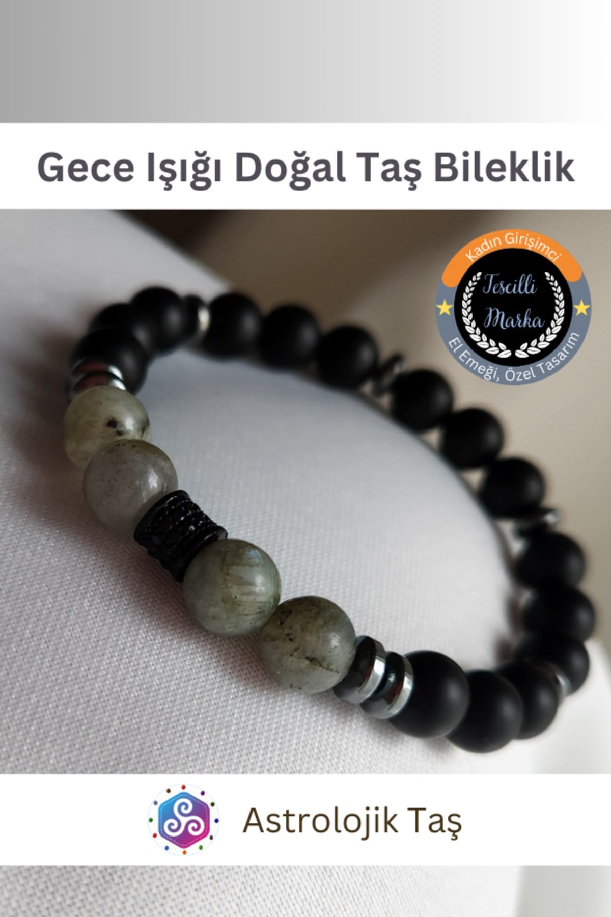 Gece Işığı Doğal Taş Bileklik - Sertifikalı - Mat Oniks, Labradorit, Hematit