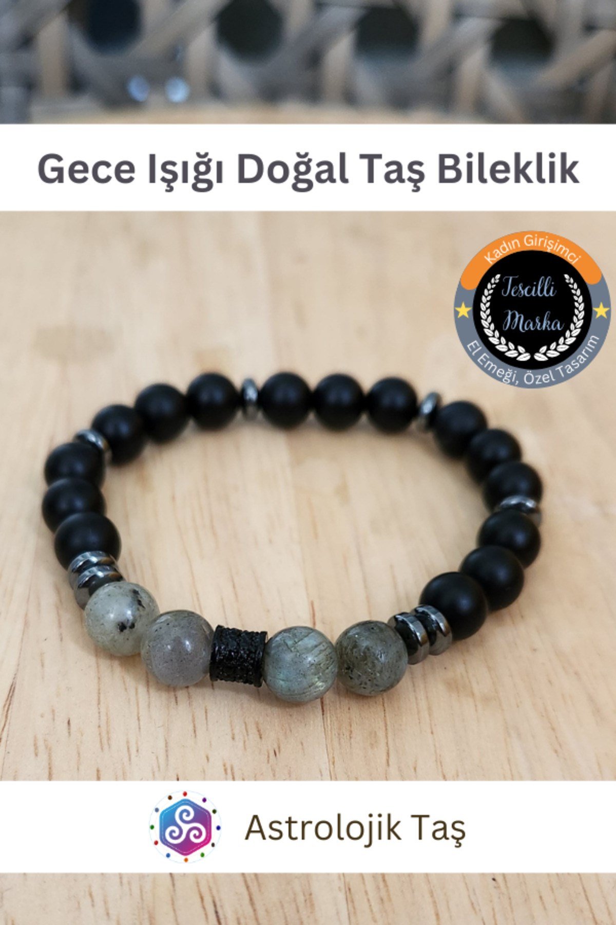 Gece Işığı Doğal Taş Bileklik - Sertifikalı - Mat Oniks, Labradorit, Hematit