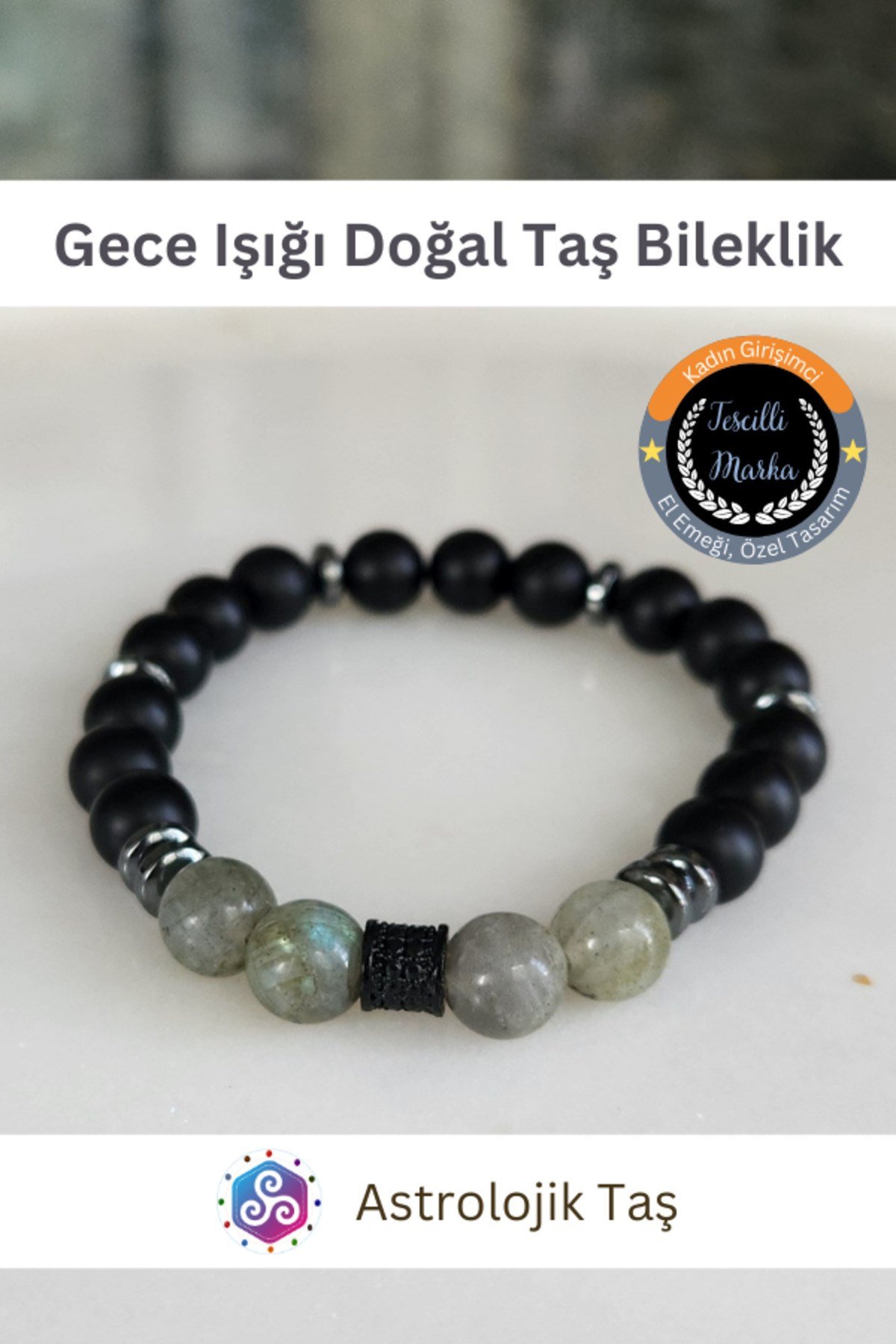 Gece Işığı Doğal Taş Bileklik - Sertifikalı - Mat Oniks, Labradorit, Hematit