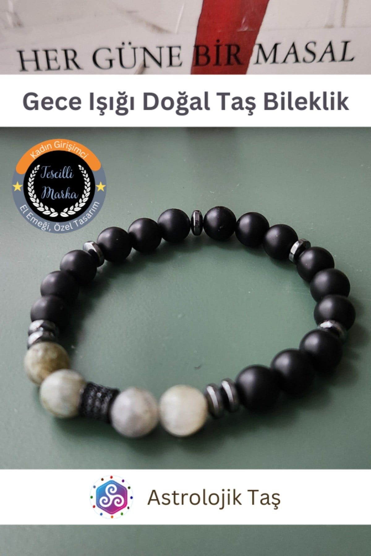 Gece Işığı Doğal Taş Bileklik - Sertifikalı - Mat Oniks, Labradorit, Hematit