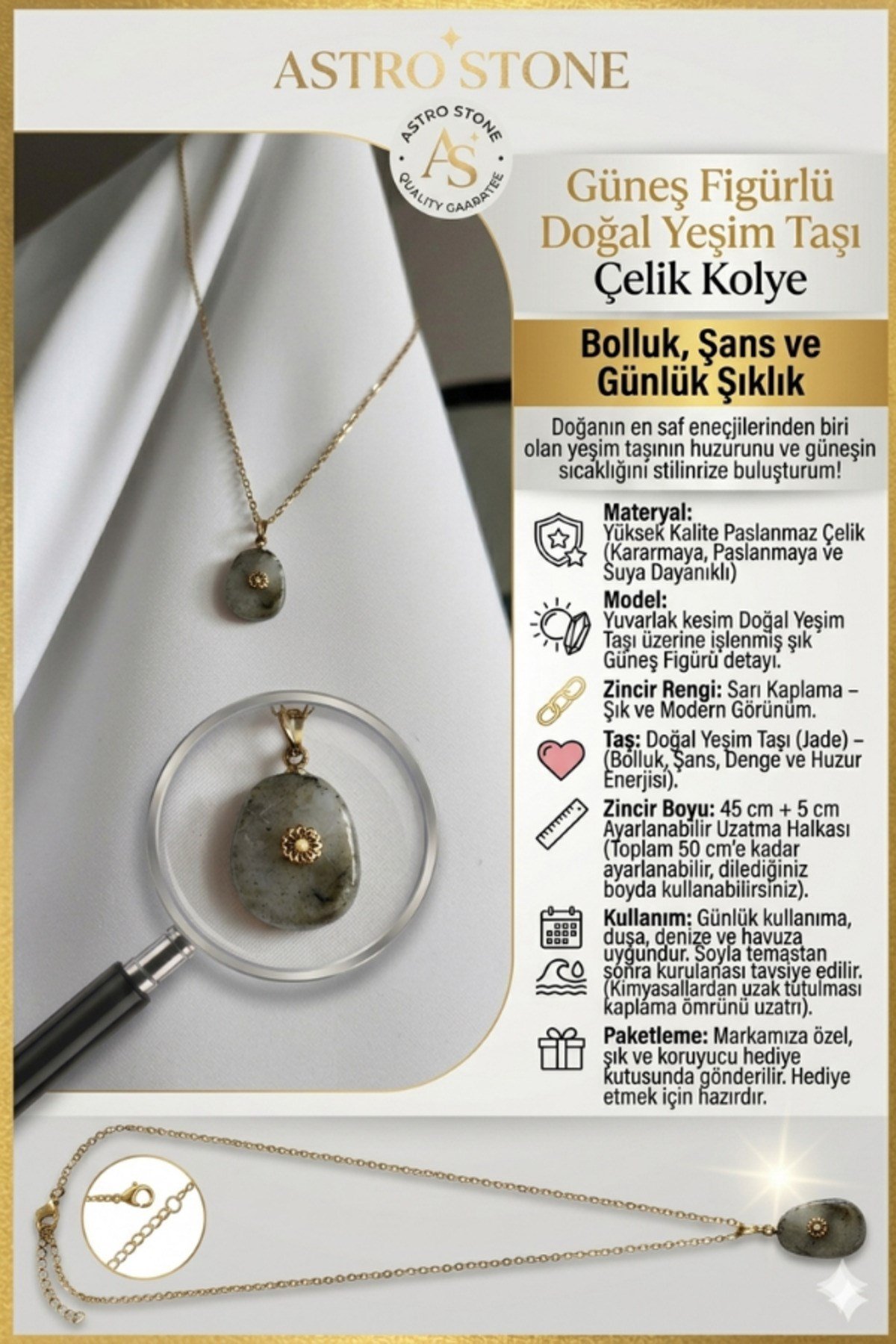 Güneş Figürlü Doğal Yeşim Taşı Çelik Kolye - Bolluk, Şans ve Günlük Şıklık