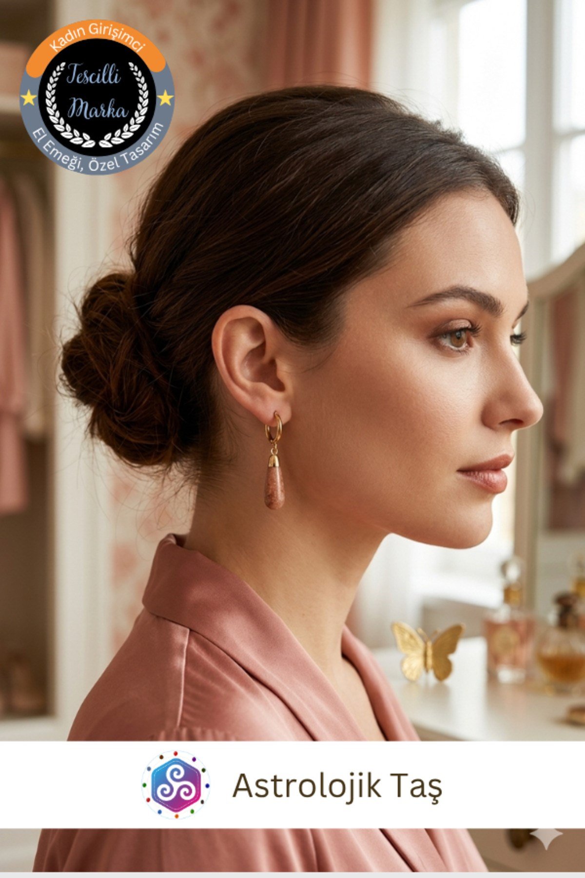 Güneş Taşlı Gold Çelik Halka Küpe - Doğal Damla Taşlı Sallantılı Küpe