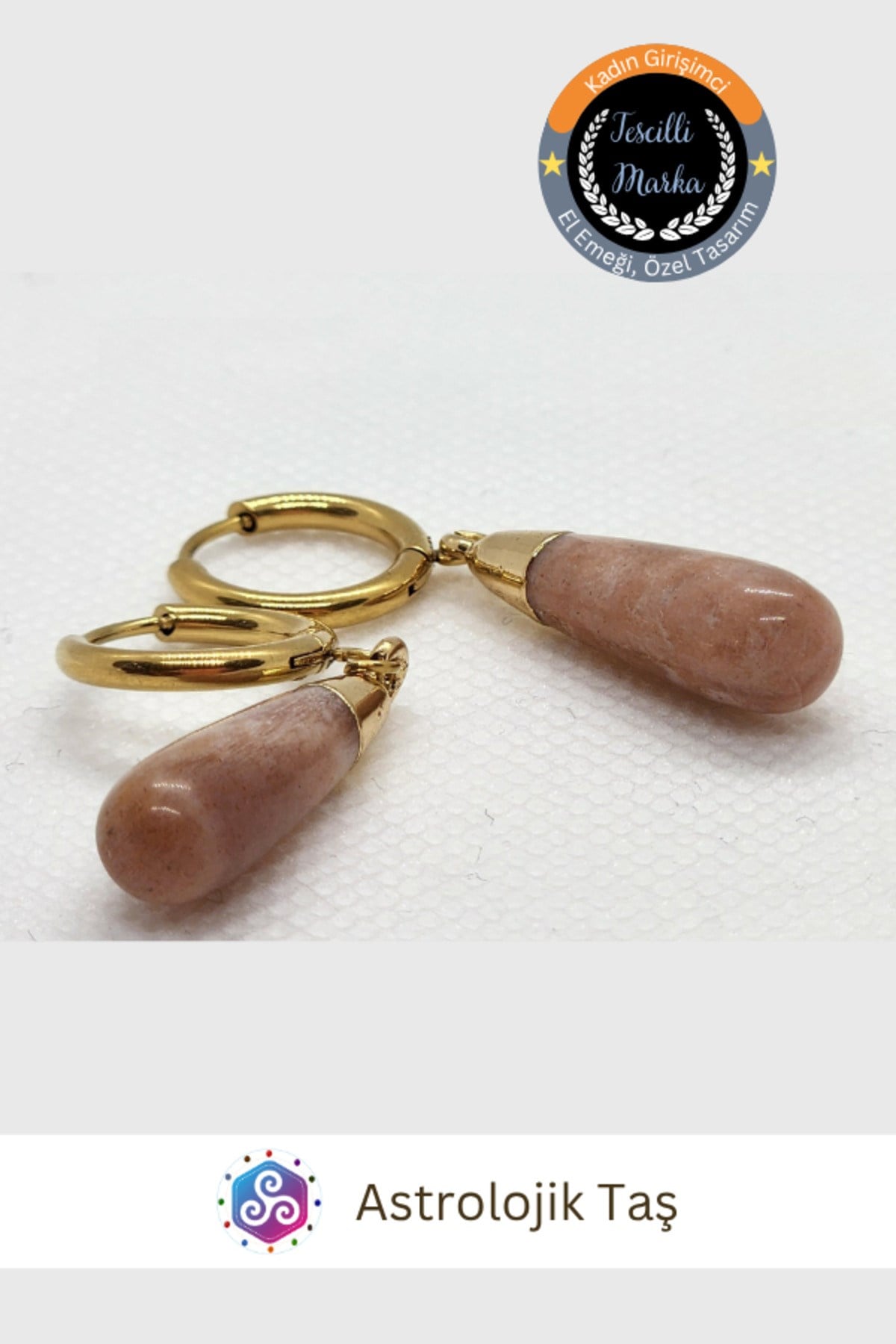 Güneş Taşlı Gold Çelik Halka Küpe - Doğal Damla Taşlı Sallantılı Küpe