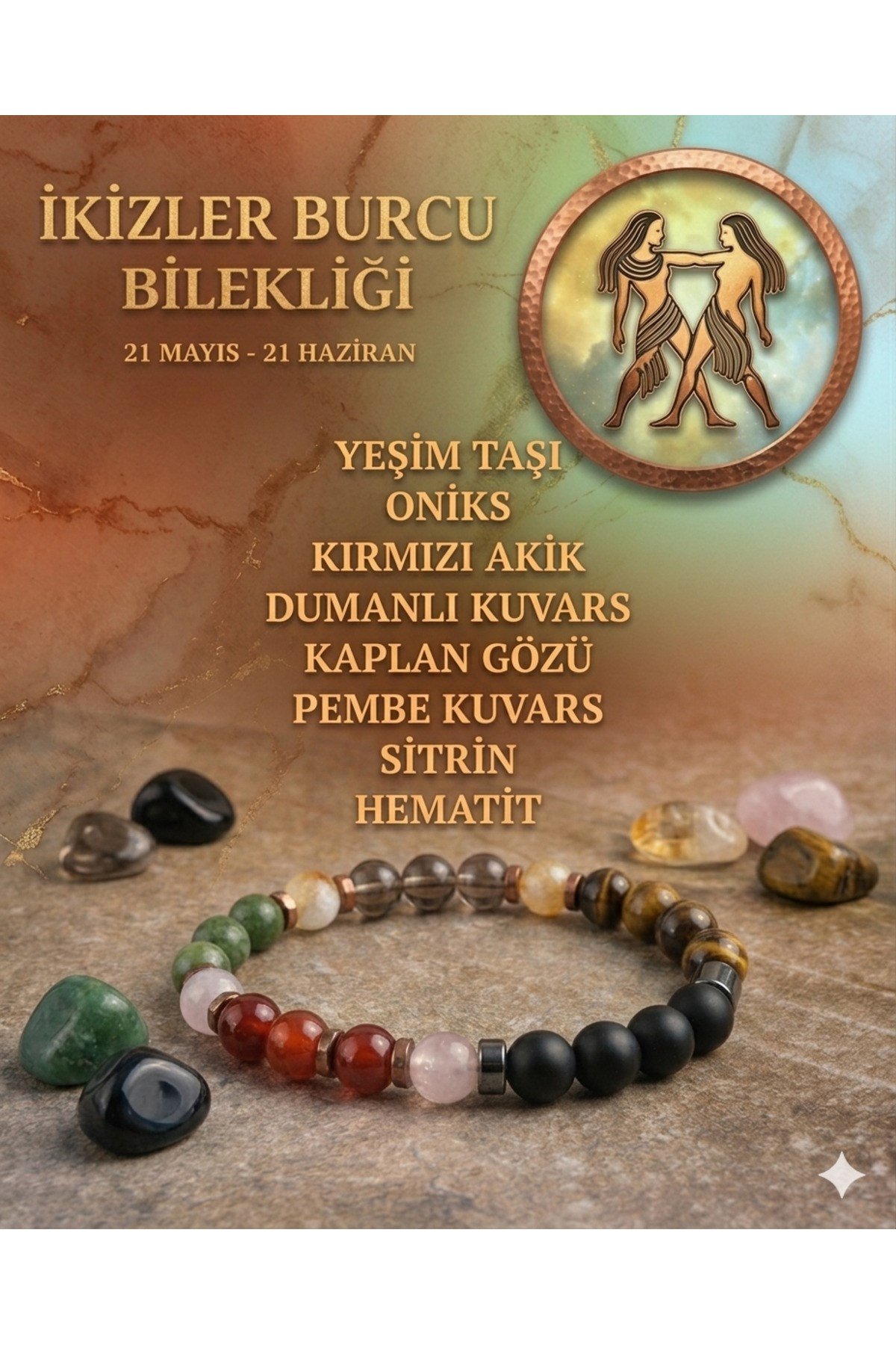 İkizler Burcu Bilekliği -Yeşim, Oniks, Kırmızı Akik, Kuvars, Kaplan Gözü, Pembe Kuvars & Sitrin Taşı