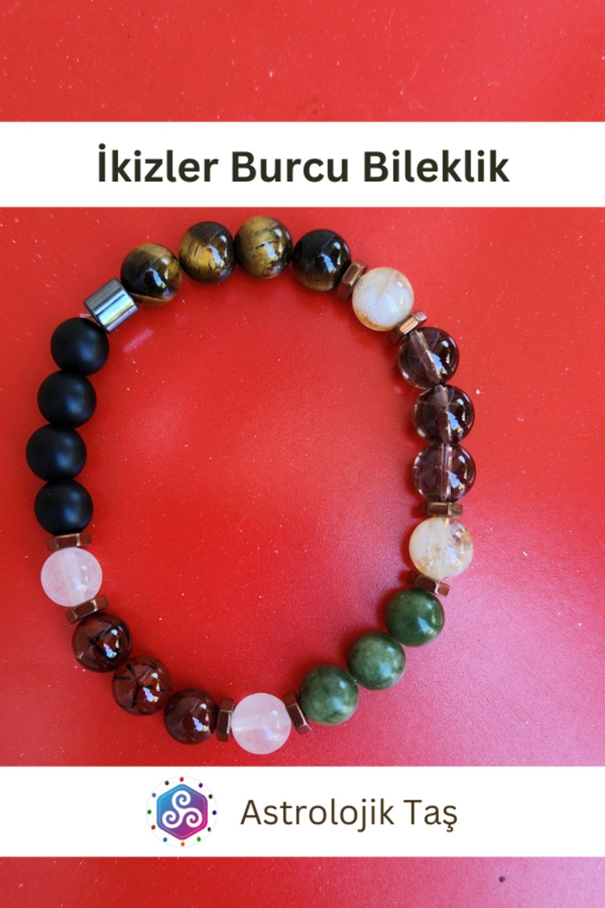 İkizler Burcu Bilekliği -Yeşim, Oniks, Kırmızı Akik, Kuvars, Kaplan Gözü, Pembe Kuvars & Sitrin Taşı