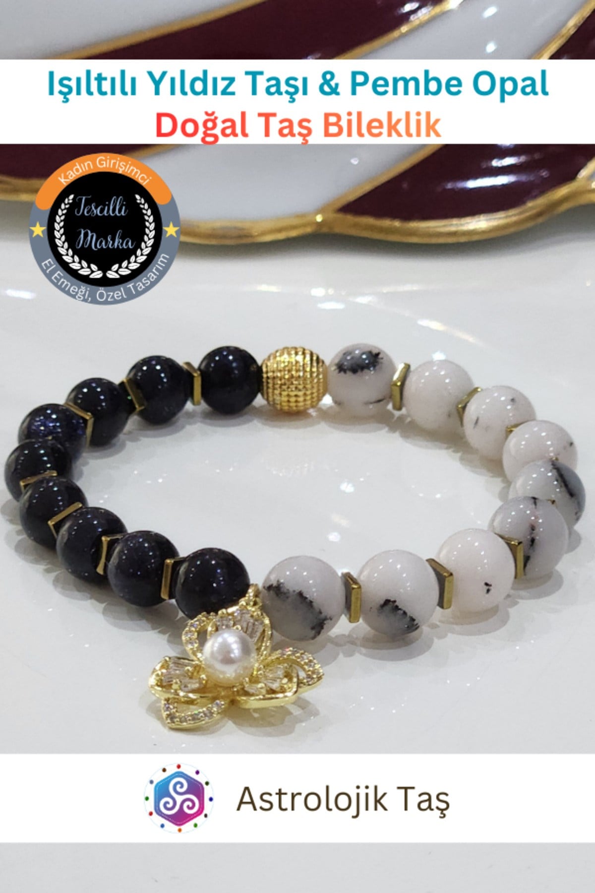Işıltılı Yıldız Taşı & Pembe Opal, Sertifikalı - Çiçek Charmlı Şans Bilekliği
