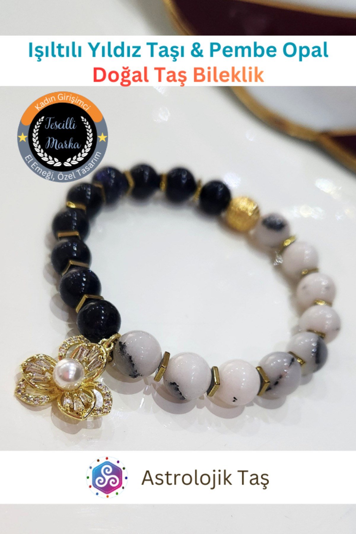 Işıltılı Yıldız Taşı & Pembe Opal, Sertifikalı - Çiçek Charmlı Şans Bilekliği