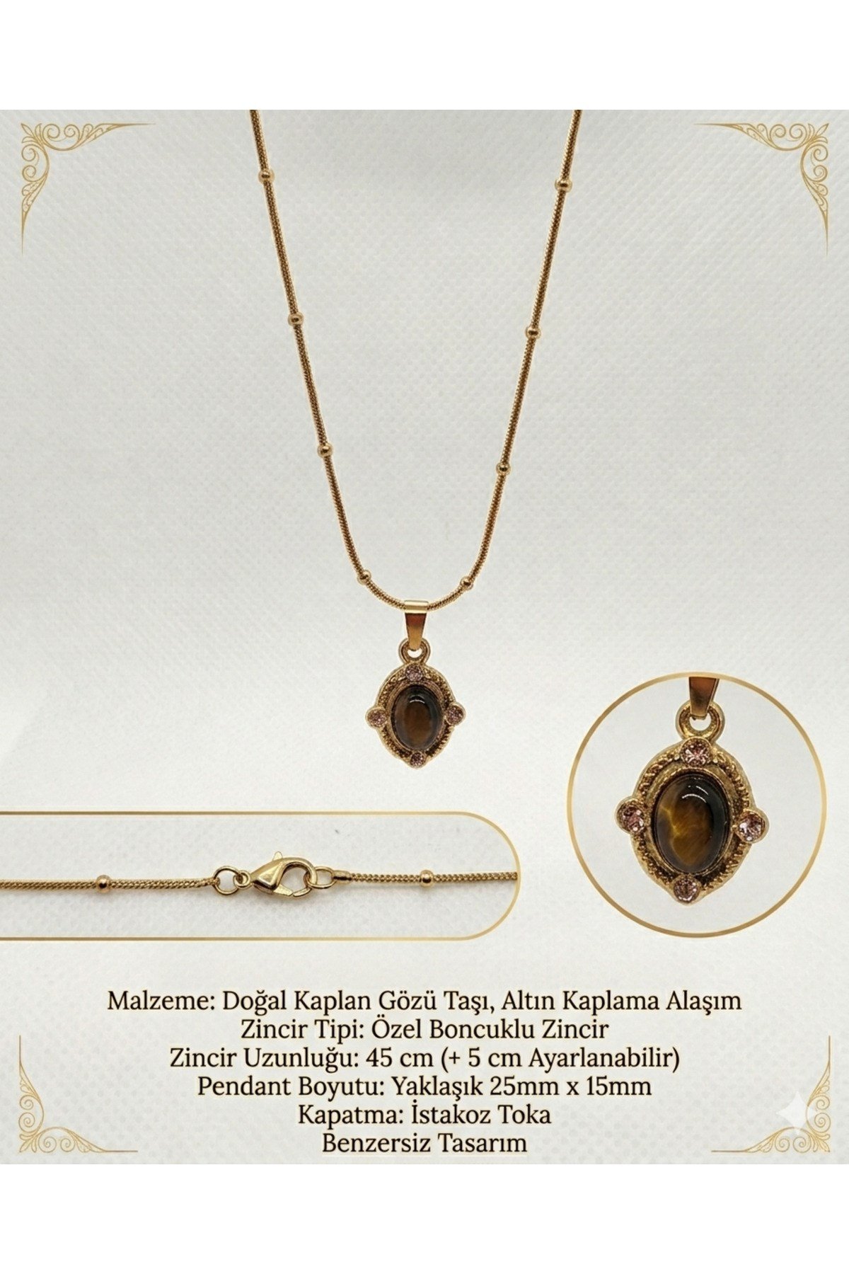 Kadın Gold Renk Çelik Boncuk Zincirli Doğal Kaplan Gözü Taşı Kolye