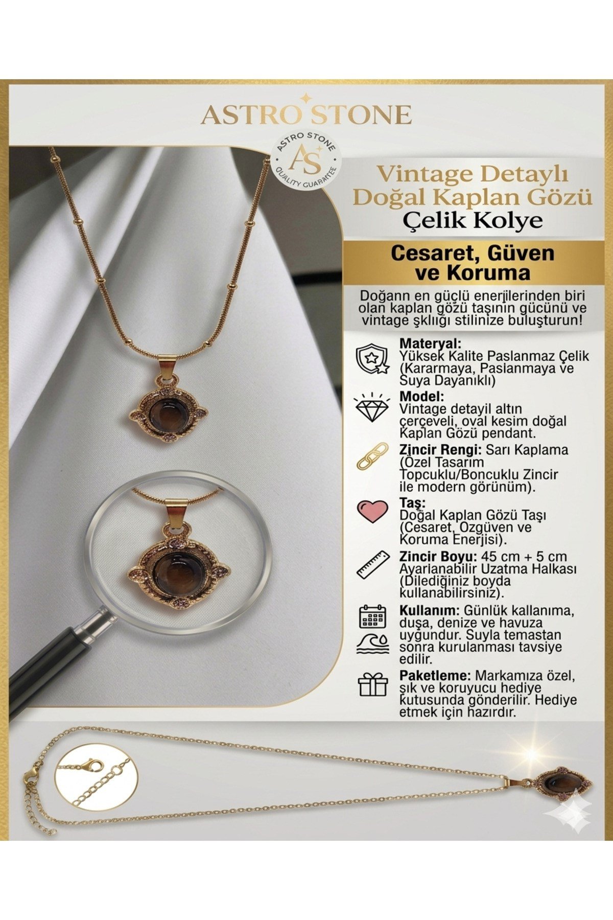 Kadın Gold Renk Çelik Boncuk Zincirli Doğal Kaplan Gözü Taşı Kolye