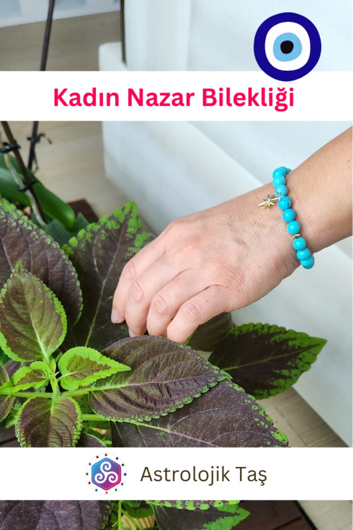 Kadın Nazar Bilekliği Turkuaz Firuze ve Kuzey Yıldızı Aksesuarlı (Sertifikalı)