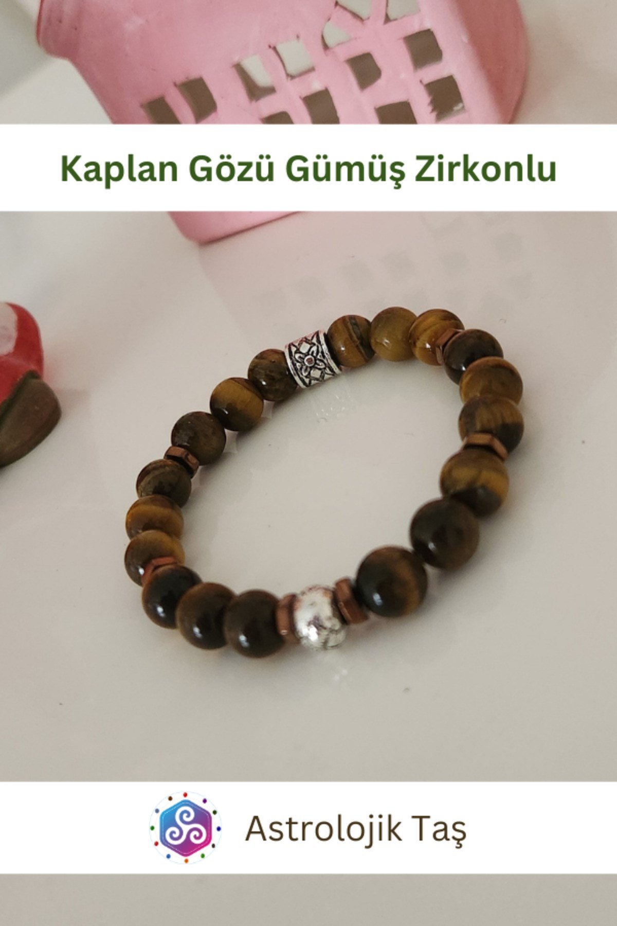 Kaplan Gözü Doğal Taş Bileklik Sertifikalı (Gümüş Rengi Yuvarlak Charmlı)