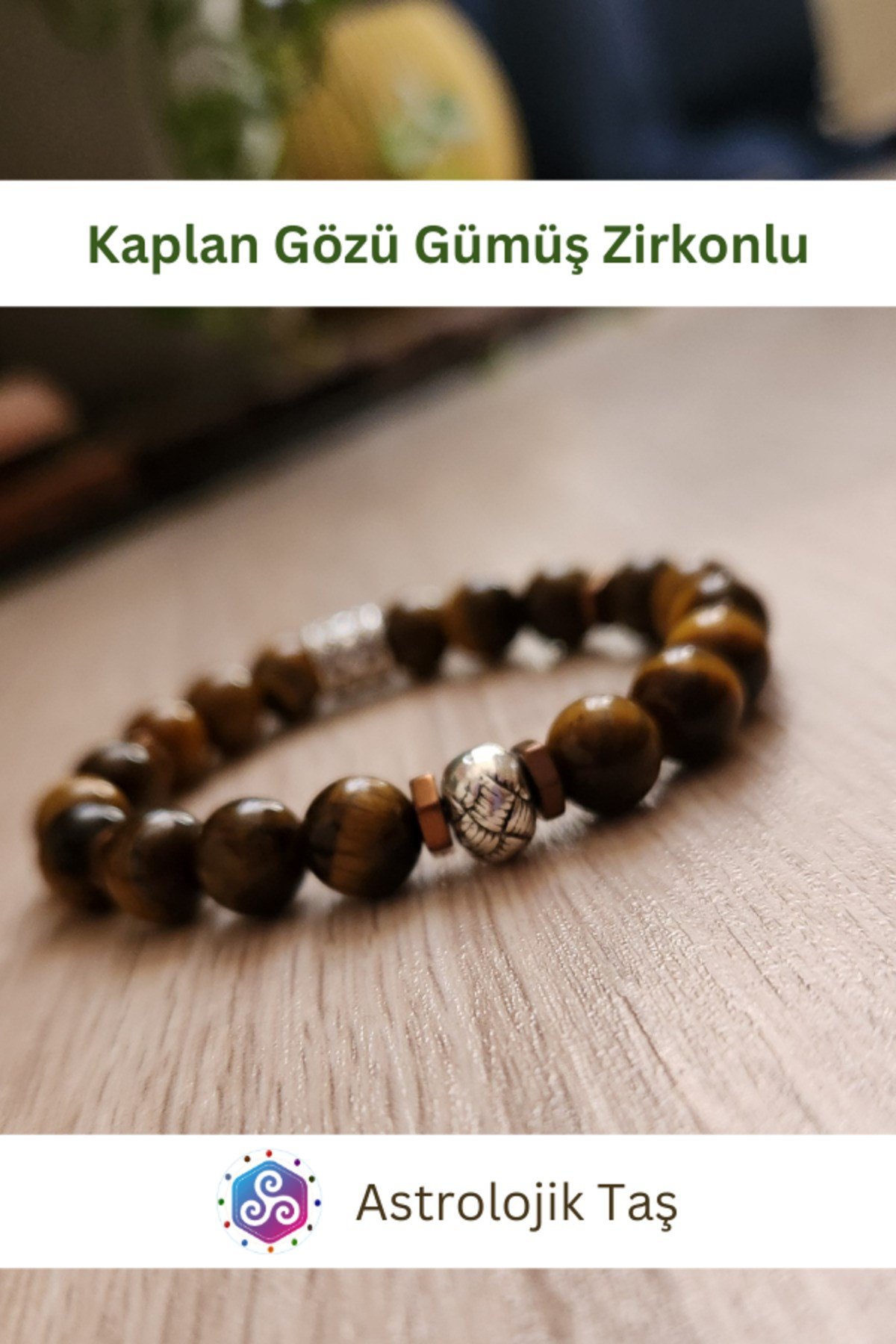 Kaplan Gözü Doğal Taş Bileklik Sertifikalı (Gümüş Rengi Yuvarlak Charmlı)