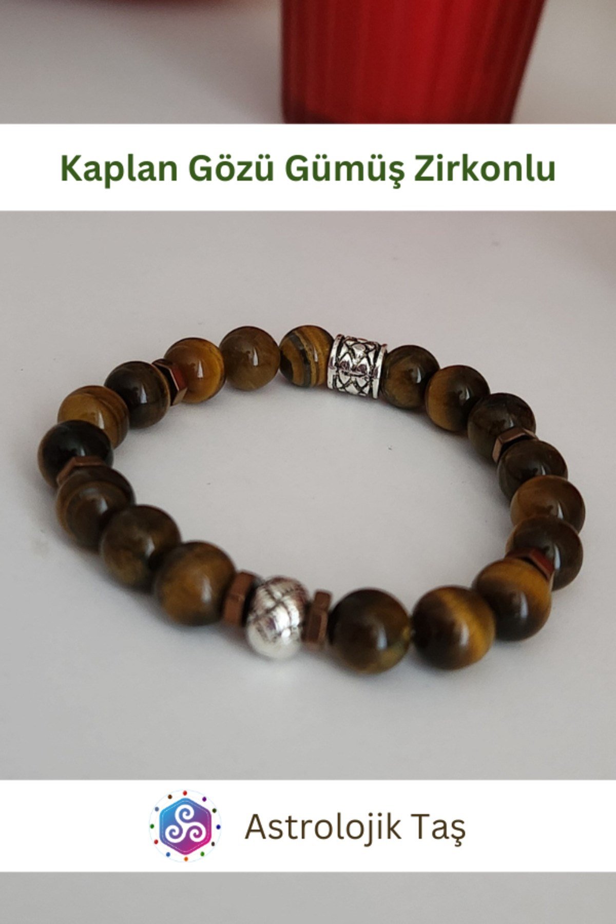 Kaplan Gözü Doğal Taş Bileklik Sertifikalı (Gümüş Rengi Yuvarlak Charmlı)