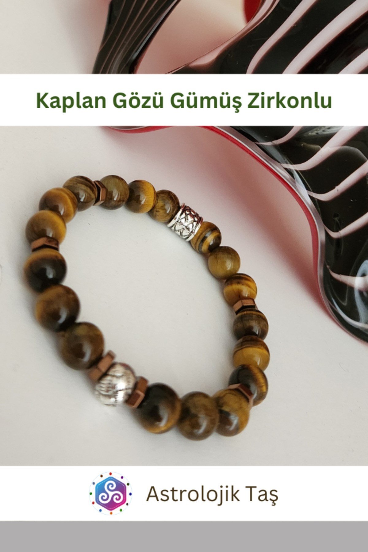 Kaplan Gözü Doğal Taş Bileklik Sertifikalı (Gümüş Rengi Yuvarlak Charmlı)