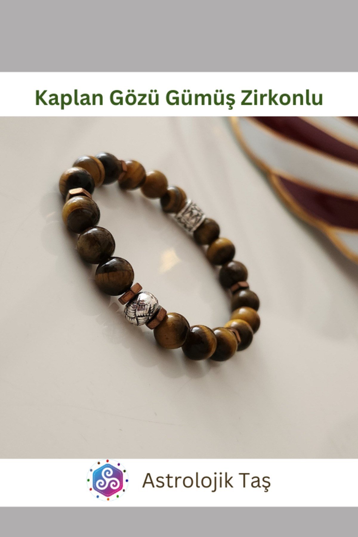 Kaplan Gözü Doğal Taş Bileklik Sertifikalı (Gümüş Rengi Yuvarlak Charmlı)