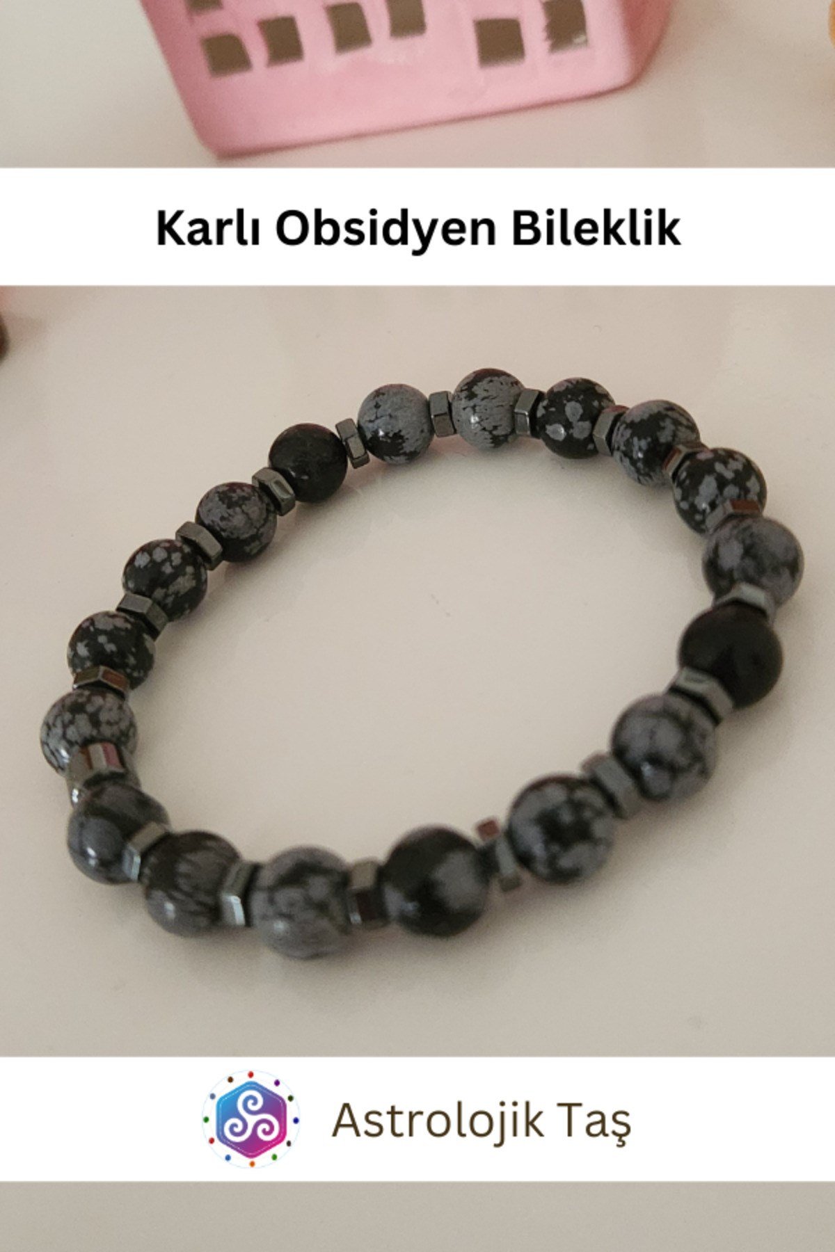 Karlı Obsidyen Doğal Taş Bileklik - Sertifikalı - Obsidyen Taşı & Hematit