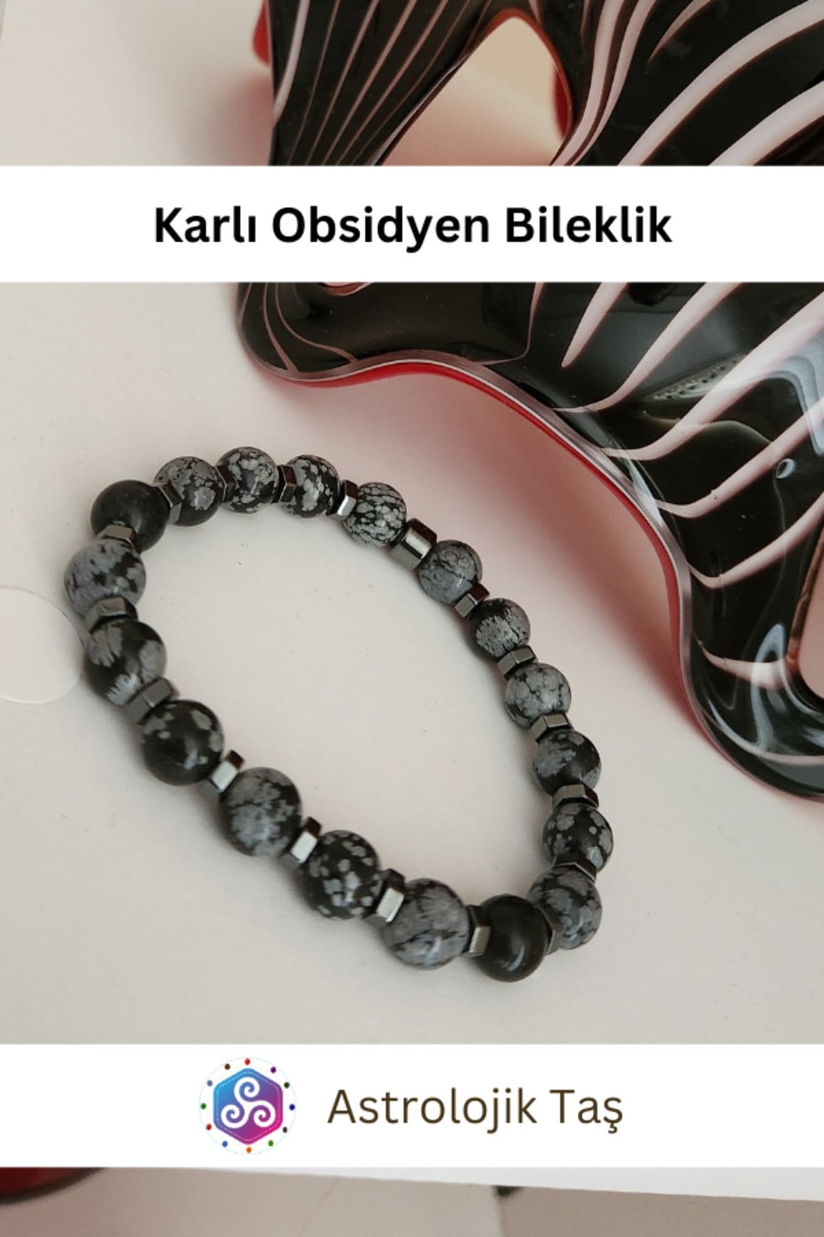 Karlı Obsidyen Doğal Taş Bileklik - Sertifikalı - Obsidyen Taşı & Hematit