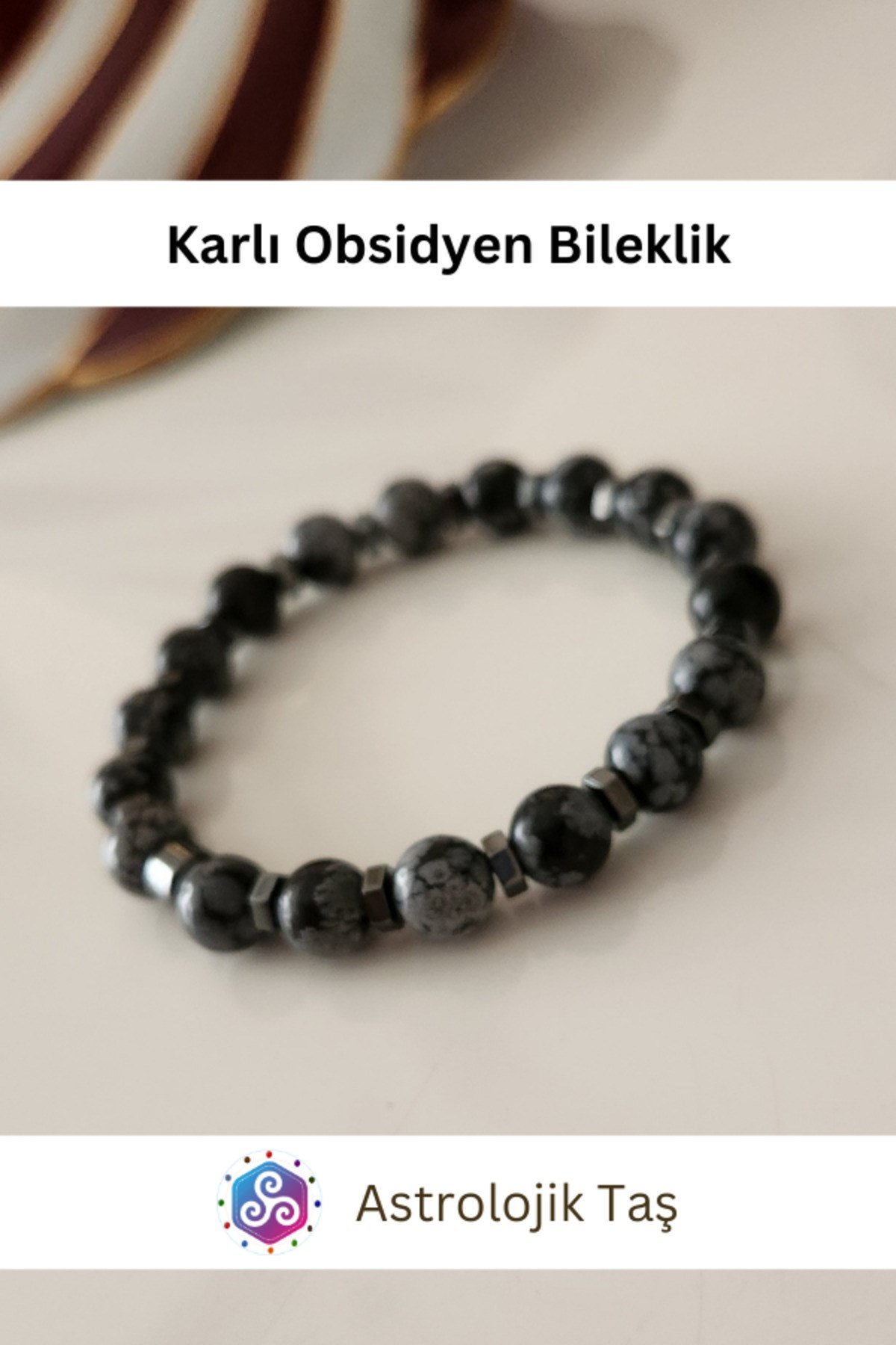 Karlı Obsidyen Doğal Taş Bileklik - Sertifikalı - Obsidyen Taşı & Hematit