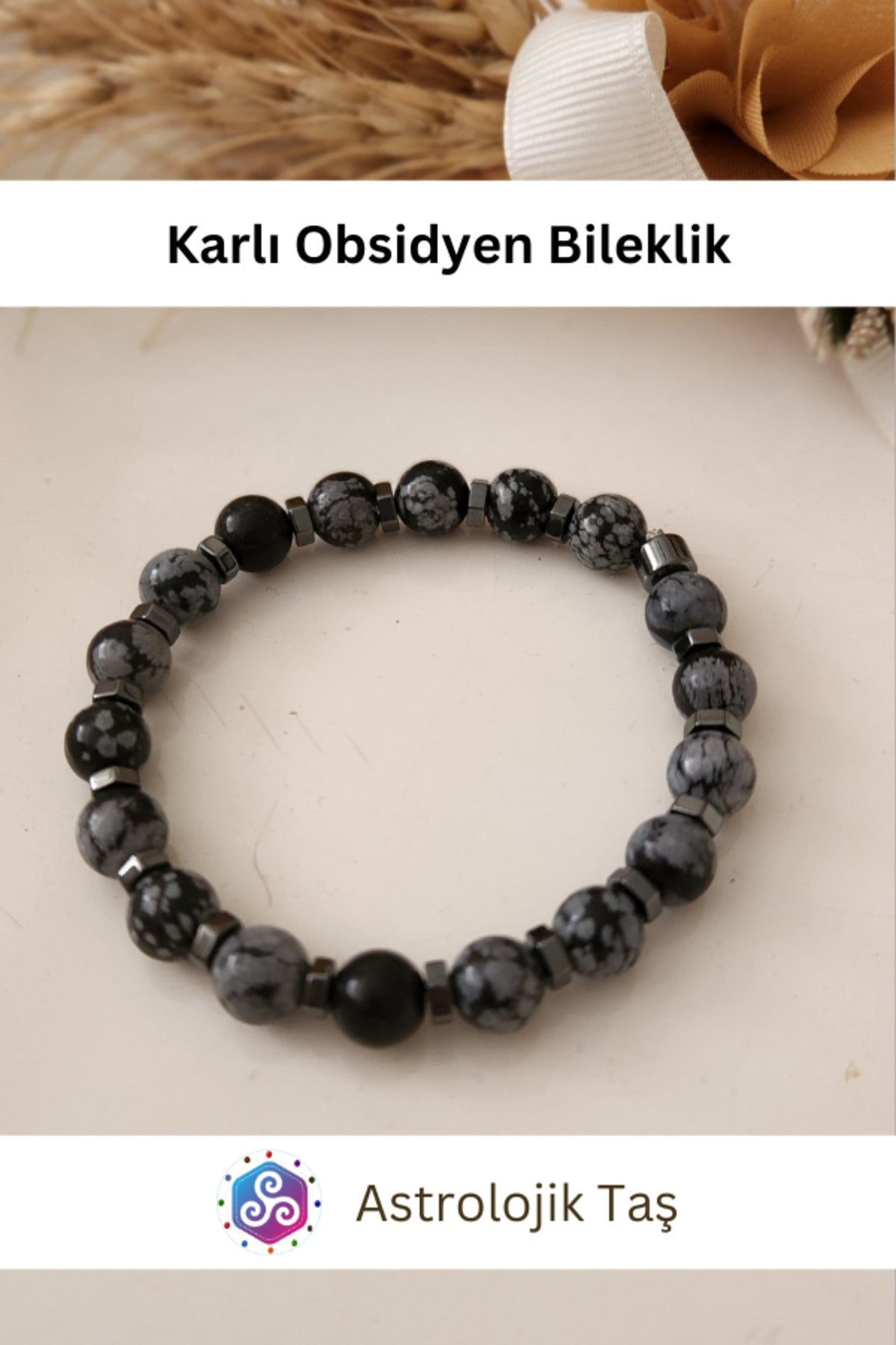 Karlı Obsidyen Doğal Taş Bileklik - Sertifikalı - Obsidyen Taşı & Hematit