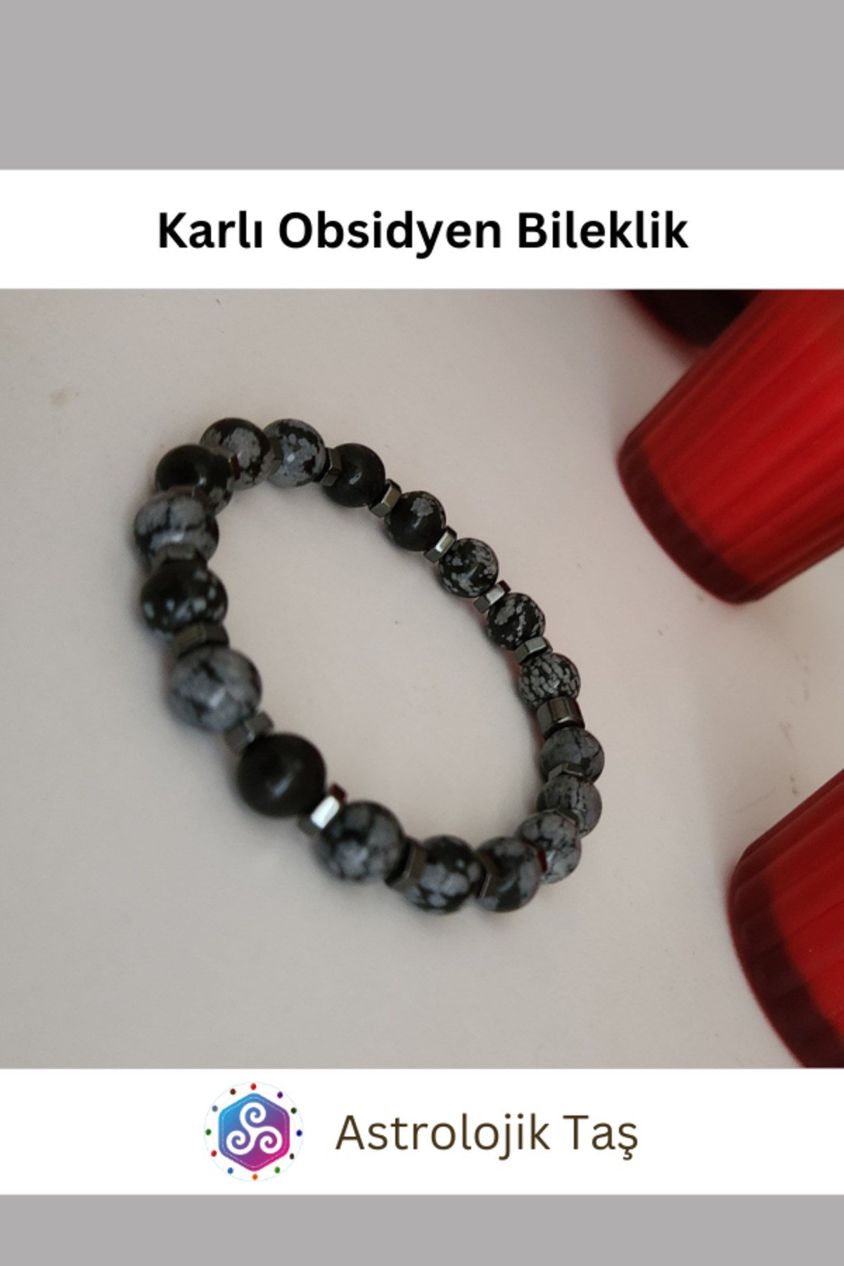 Karlı Obsidyen Doğal Taş Bileklik - Sertifikalı - Obsidyen Taşı & Hematit