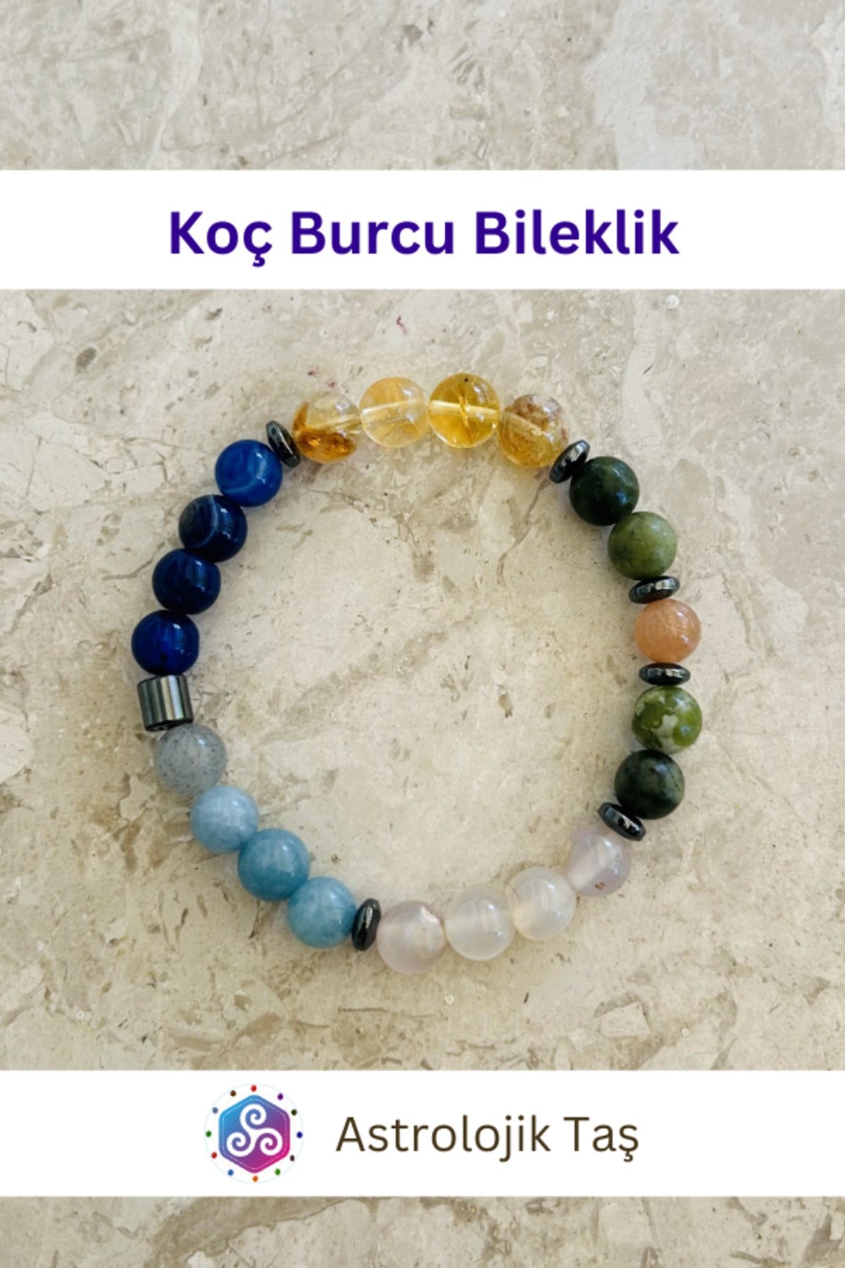 Koç Burcu Doğal Taş Bileklik - Sertifikalı - M.Akik, Yeşim , Güneş Taşı, Sitrin, Akuamarin, B.Akik