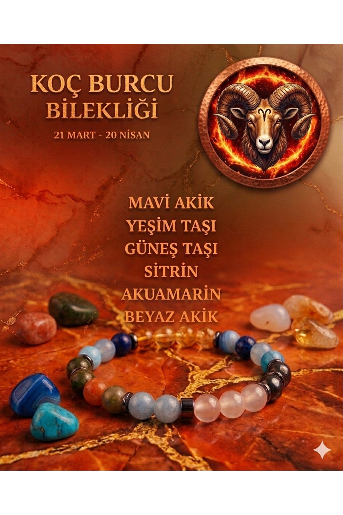Koç Burcu Doğal Taş Bileklik - Sertifikalı - M.Akik, Yeşim , Güneş Taşı, Sitrin, Akuamarin, B.Akik