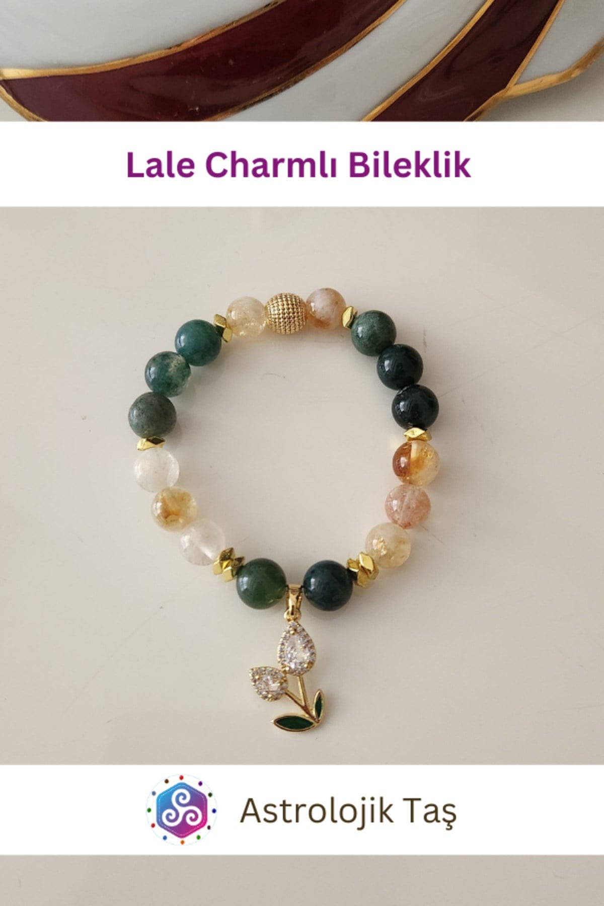 Lale Charmlı Doğal Taş Bileklik – Sertifikalı - Akik -Sitrin