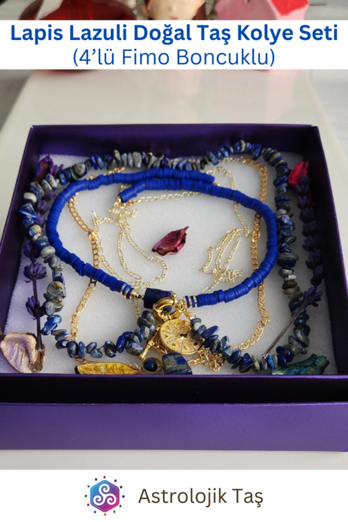 Lapis Lazuli Doğal Taş 4’lü Kolye Seti (Fimo Boncuklu)