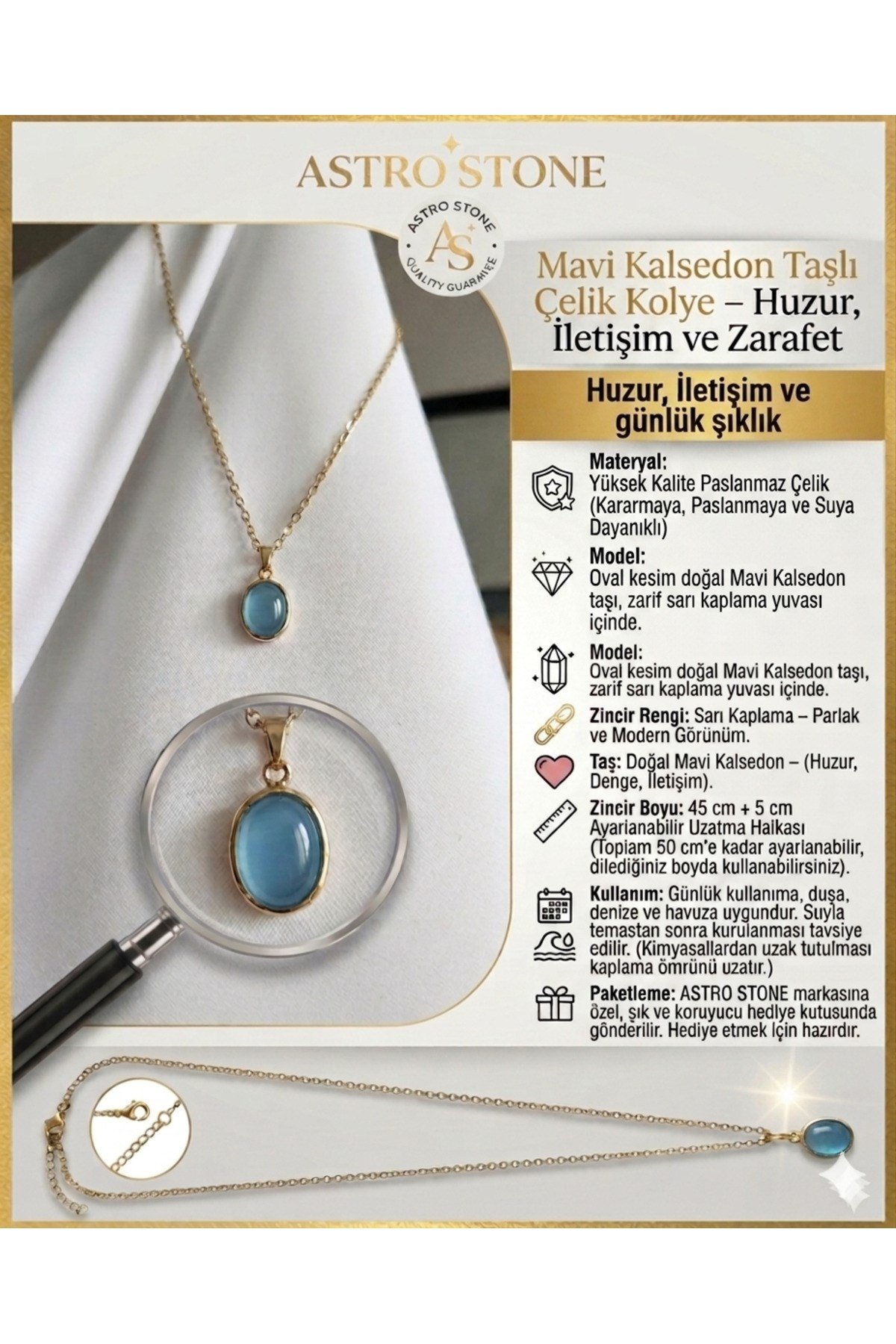 Mavi Kalsedon Taşlı Çelik Kolye – Huzur, İletişim ve Zarafet